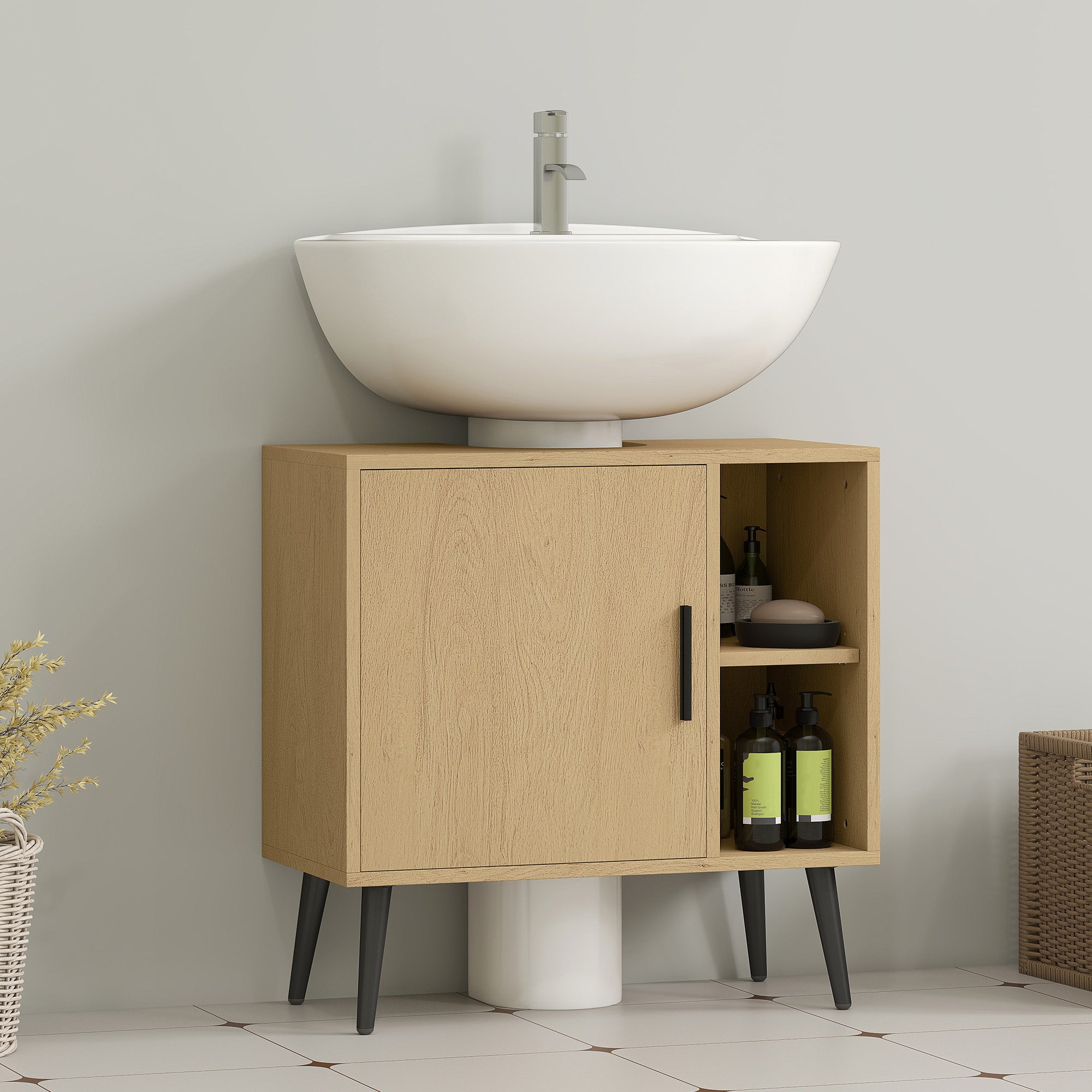 Bathroom Under Sink Cabinet, Industrial Vanity Unit with Soft-Closing Door and Adjustable Shelf, 60 x 30 x 59.5 cm, Oak