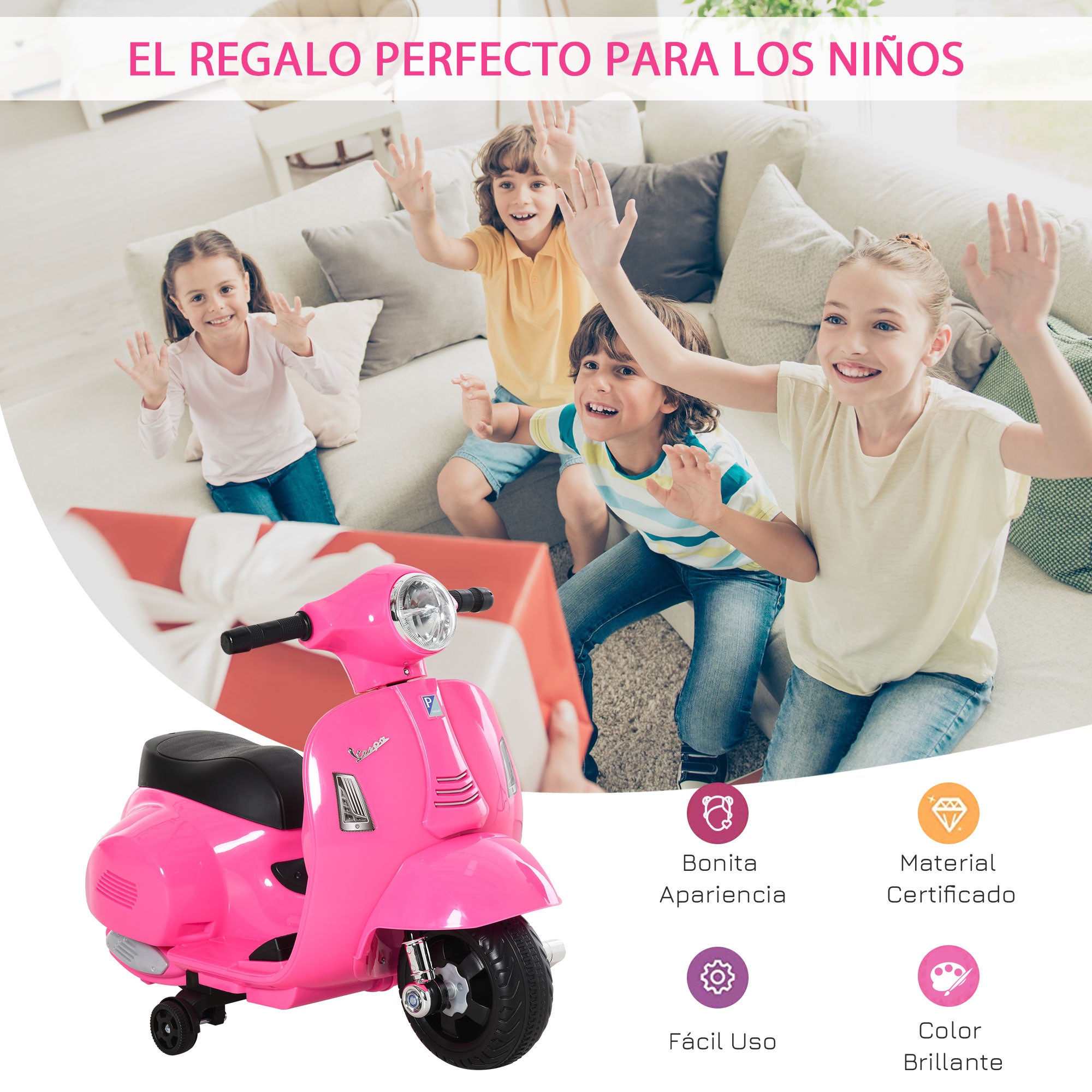 Electric Vespa Motorcycle for Kids 18-36 Months 6V Battery-Powered Bike with Headlight Horn and 4 Wheels Children's Motorcycle with License 66.5x38x52 cm Pink