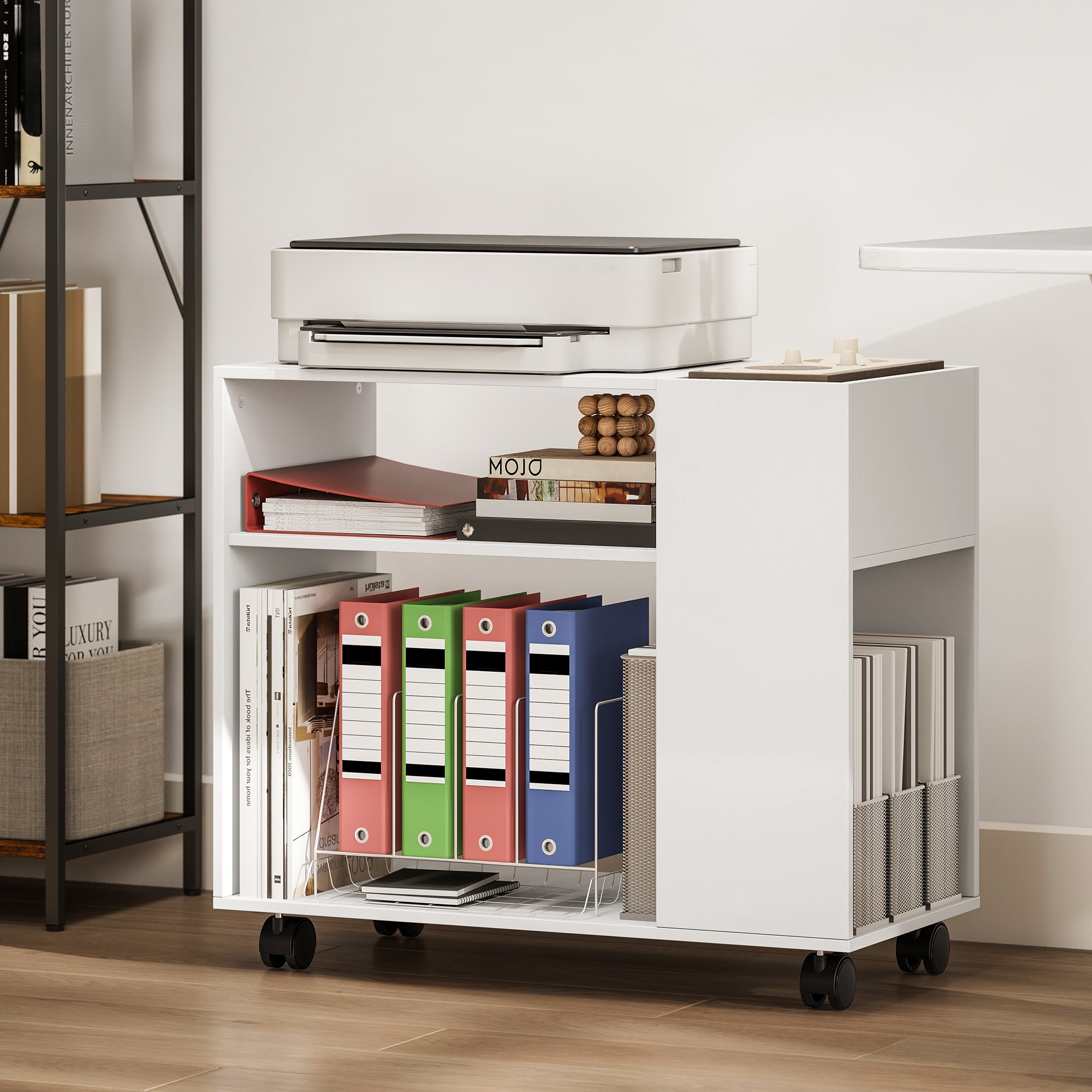 Printer Stand with Dividable Organizer, Shelves & Locking Wheels — Compact Office Cart for Printer, Fax & Scanner, 27.6 x 13.4 x 23.6 in, White