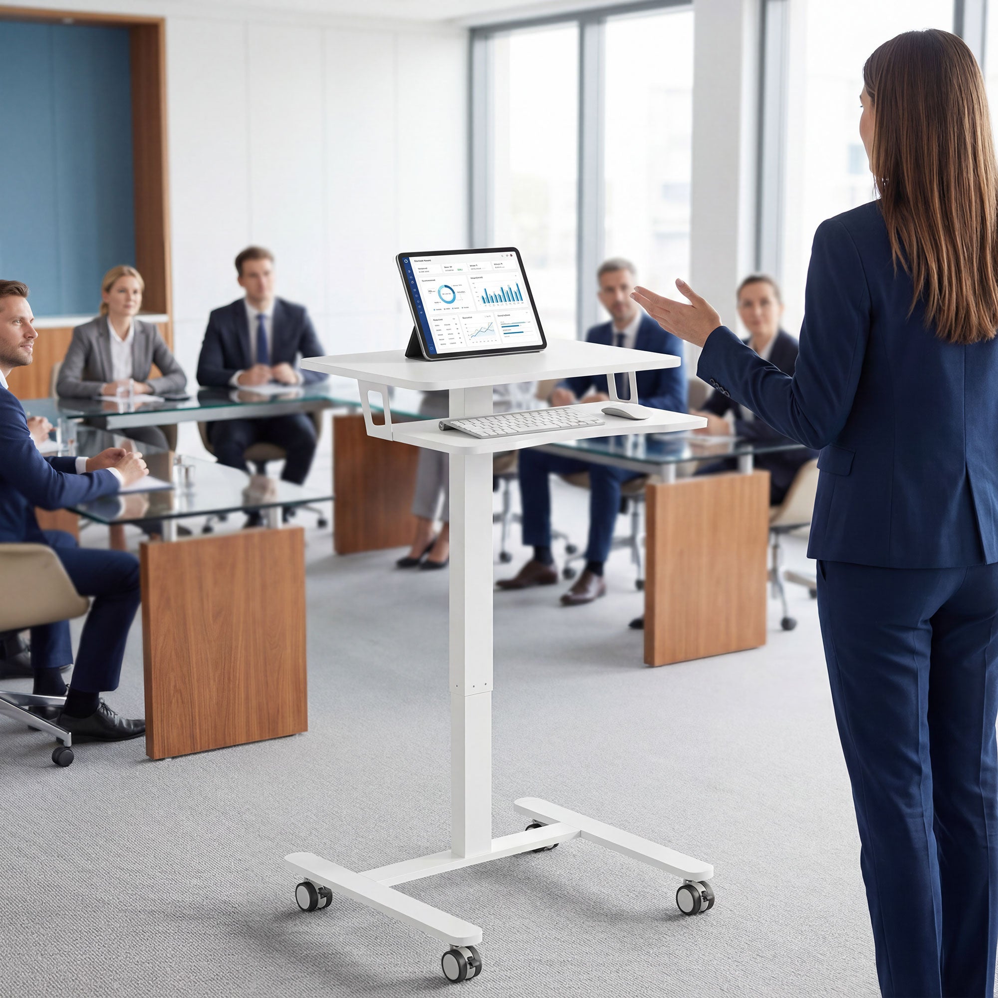 Height-Adjustable Rolling Standing Desk 28–42 in with Keyboard Tray, Steel Frame — Compact White