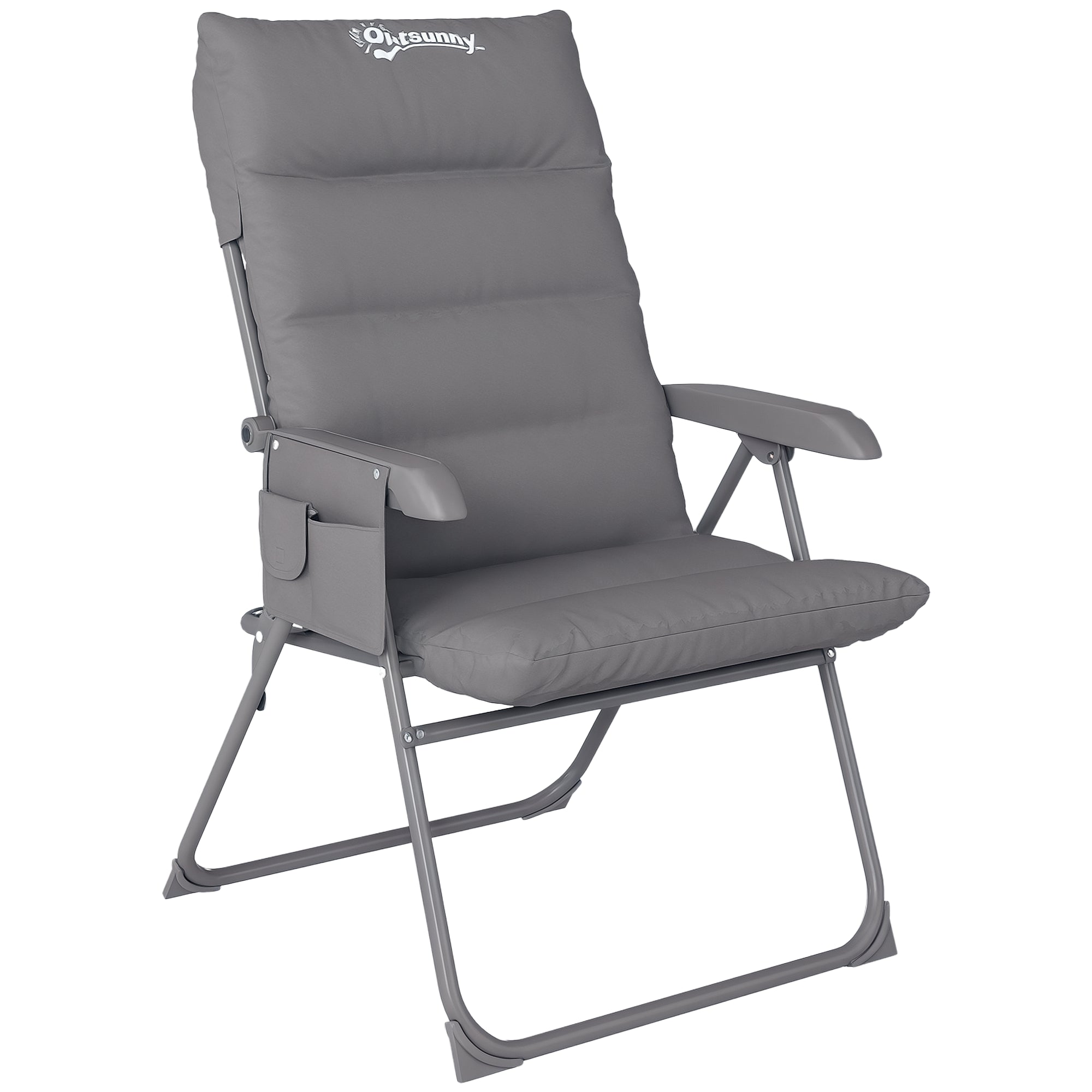 Folding Camping Chair, Fishing Chair with Padded Seat, Adjustable High Backrest and Side Pockets, Foldable Armchair for Hiking, Fishing, Beach, and Picnic, Gray