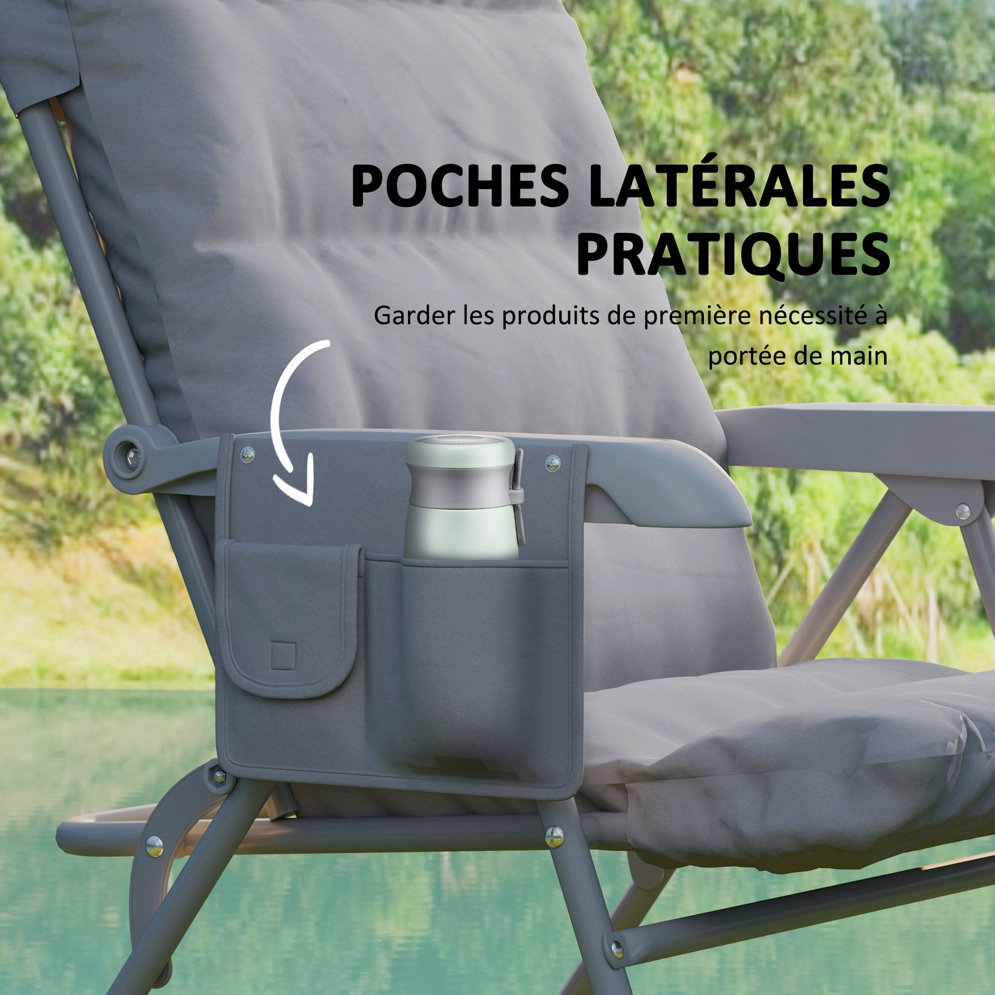 Folding Camping Chair, Fishing Chair with Padded Seat, Adjustable High Backrest and Side Pockets, Foldable Armchair for Hiking, Fishing, Beach, and Picnic, Gray