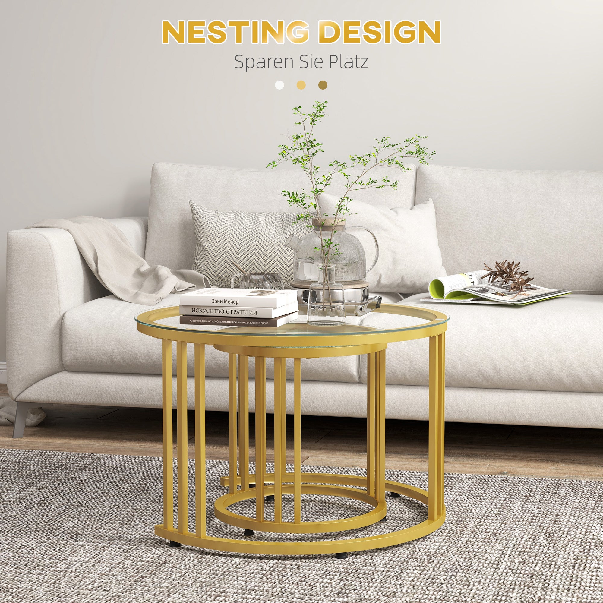 Coffee Table Set of 2, Stackable Side Table with Steel Frame, Living Room Table for Office, Bedroom, Gold