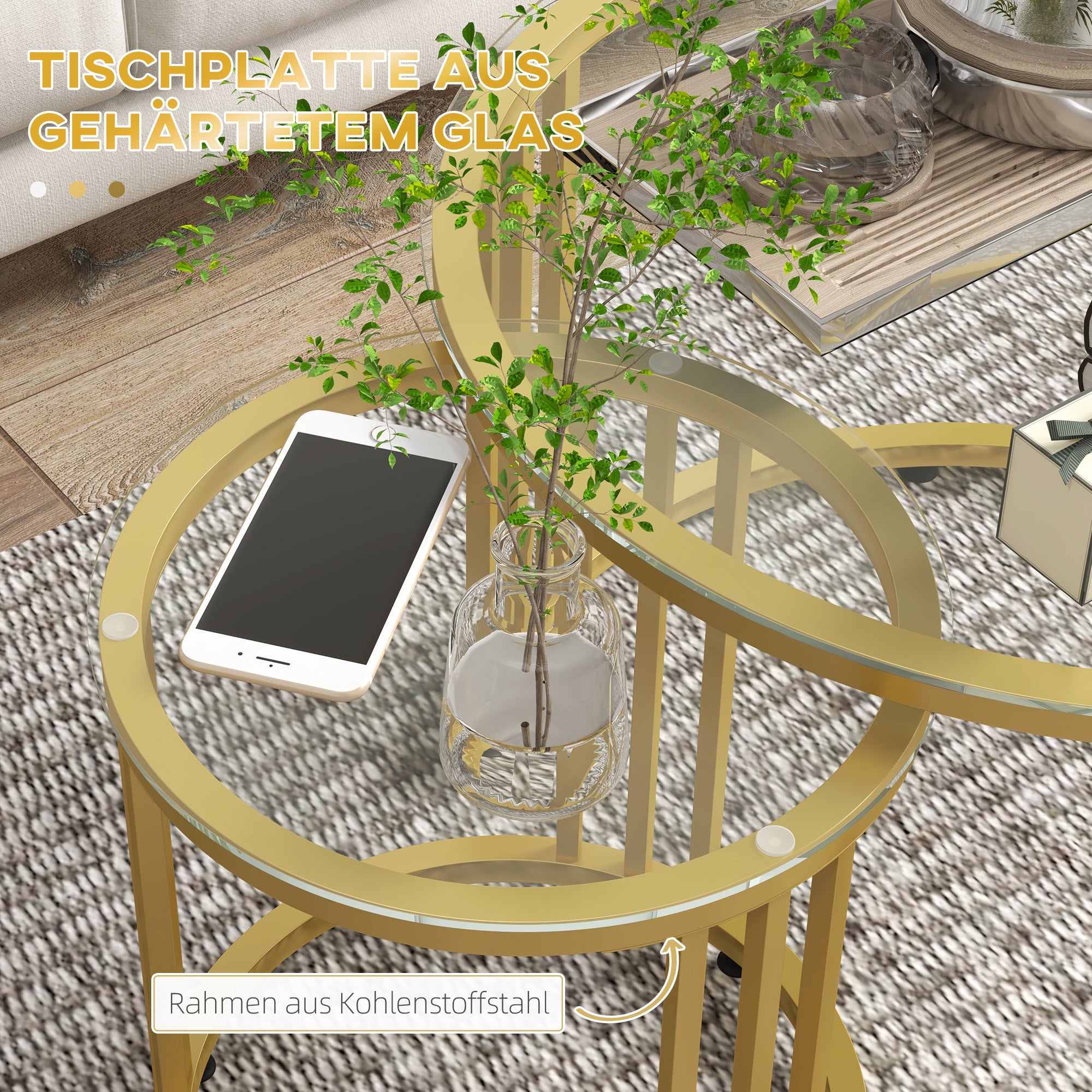 Coffee Table Set of 2, Stackable Side Table with Steel Frame, Living Room Table for Office, Bedroom, Gold