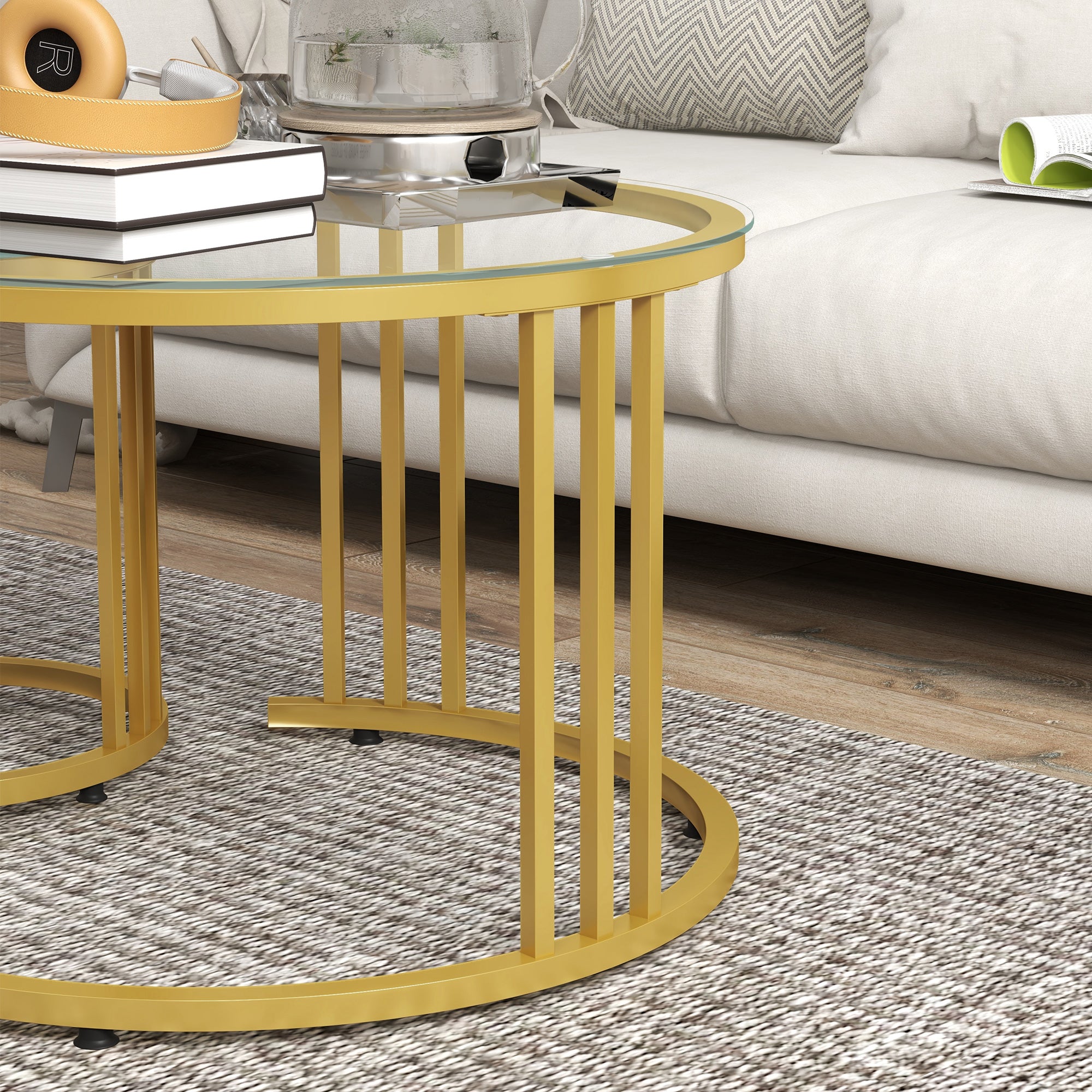 Coffee Table Set of 2, Stackable Side Table with Steel Frame, Living Room Table for Office, Bedroom, Gold