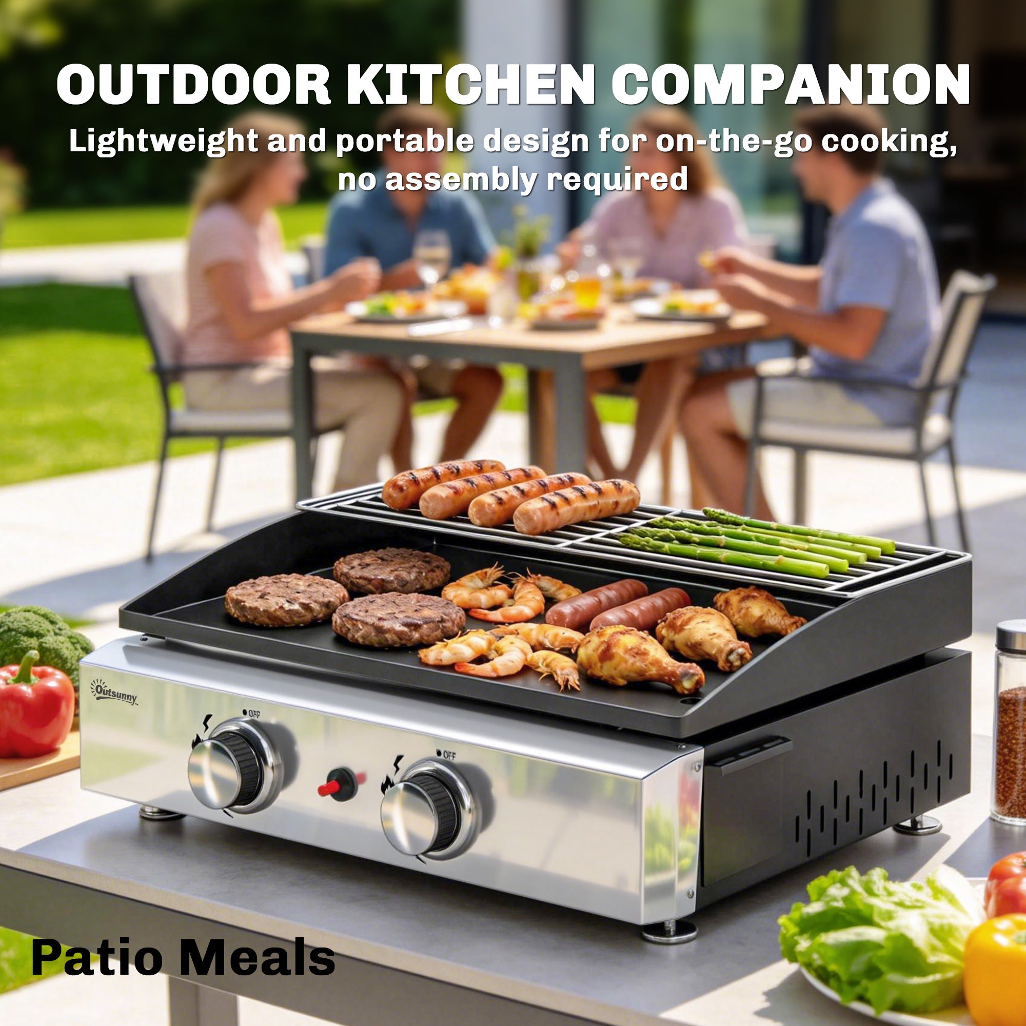 Portable Tabletop Gas Grill, 5 kW, 2 Burners, Ceramic-Coated Griddle, Warming Rack, Removable Grease Tray, Stainless Steel — Picnic & Balcony Grill