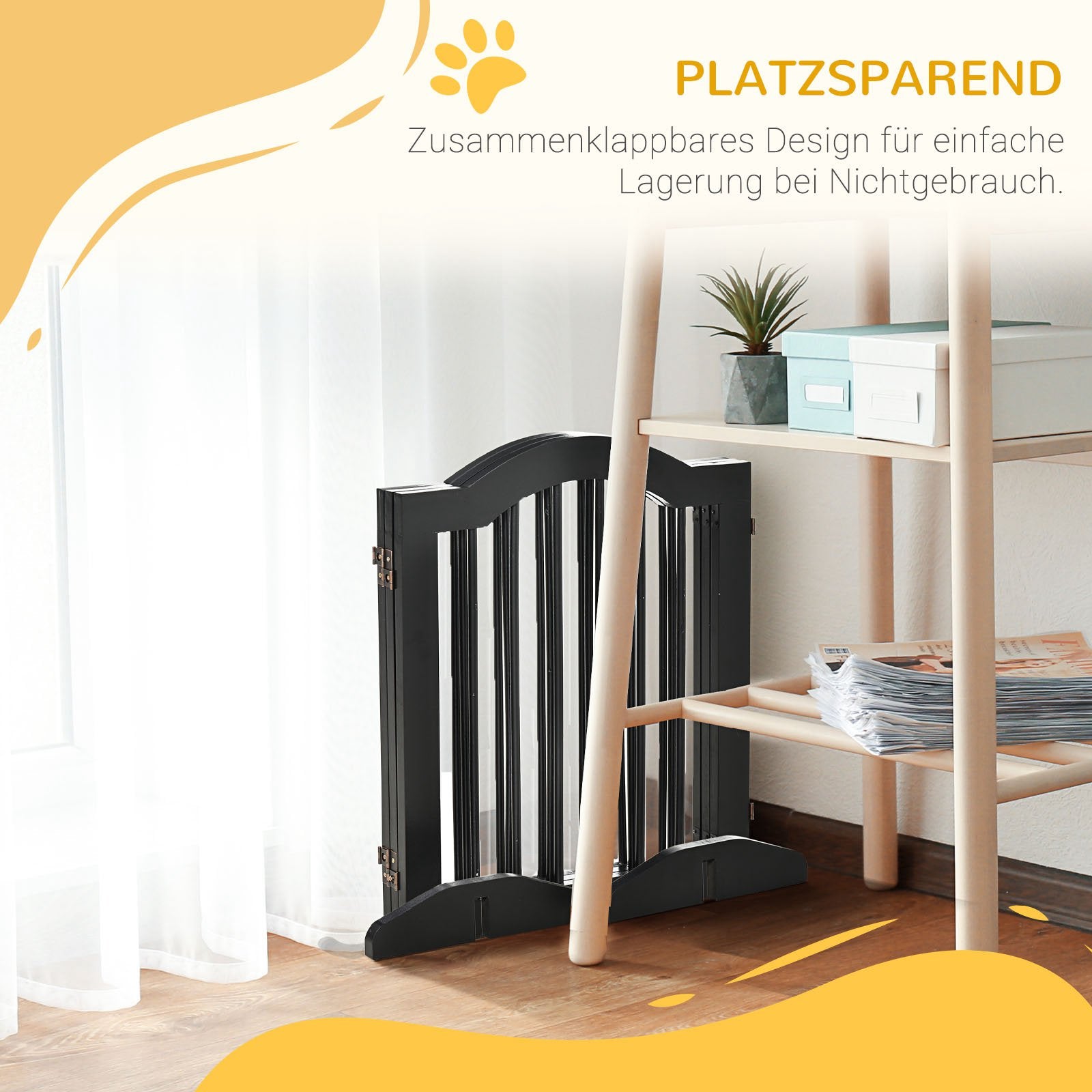 Dog Barrier Gate 3-Panel, 154.5 x 61 cm Foldable Dog Gate with Door, Door Guard Gate with 2 Support Feet, Freestanding Stair Gate for Kitchen, Hallway, Black