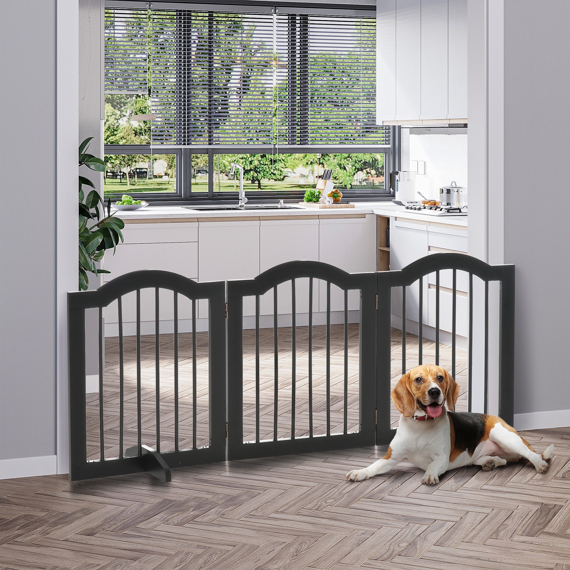 Dog Barrier Gate 3-Panel, 154.5 x 61 cm Foldable Dog Gate with Door, Door Guard Gate with 2 Support Feet, Freestanding Stair Gate for Kitchen, Hallway, Black