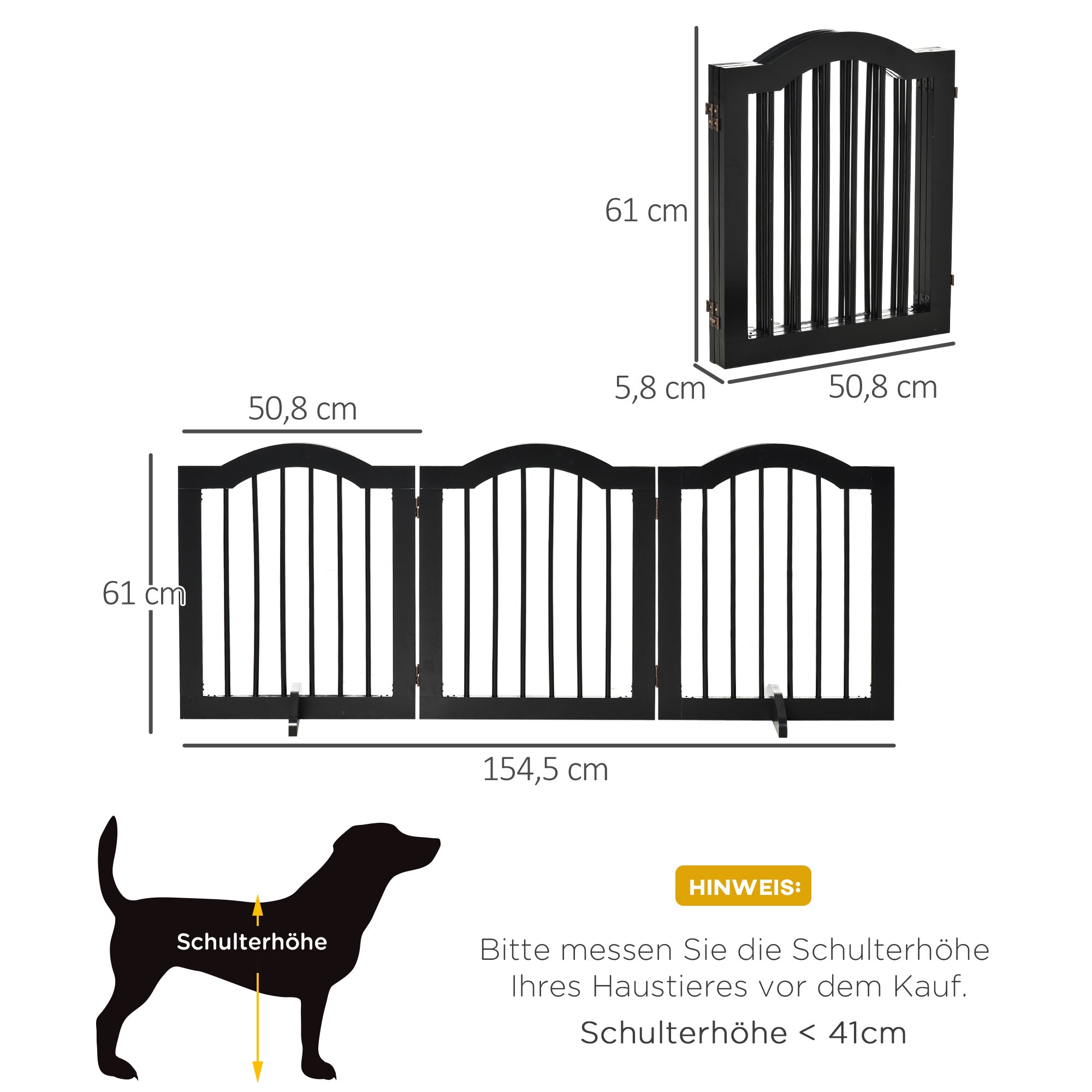 Dog Barrier Gate 3-Panel, 154.5 x 61 cm Foldable Dog Gate with Door, Door Guard Gate with 2 Support Feet, Freestanding Stair Gate for Kitchen, Hallway, Black