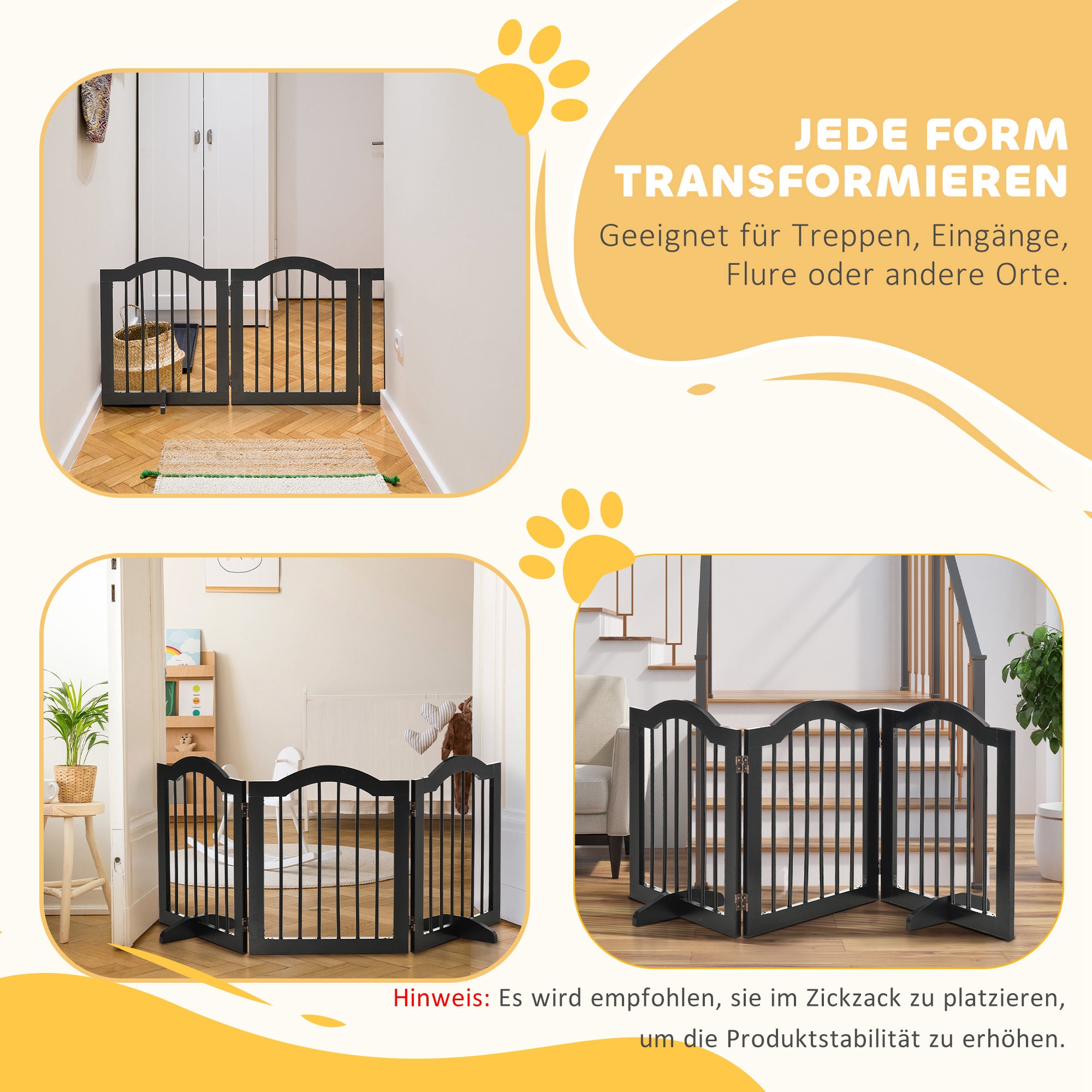 Dog Barrier Gate 3-Panel, 154.5 x 61 cm Foldable Dog Gate with Door, Door Guard Gate with 2 Support Feet, Freestanding Stair Gate for Kitchen, Hallway, Black