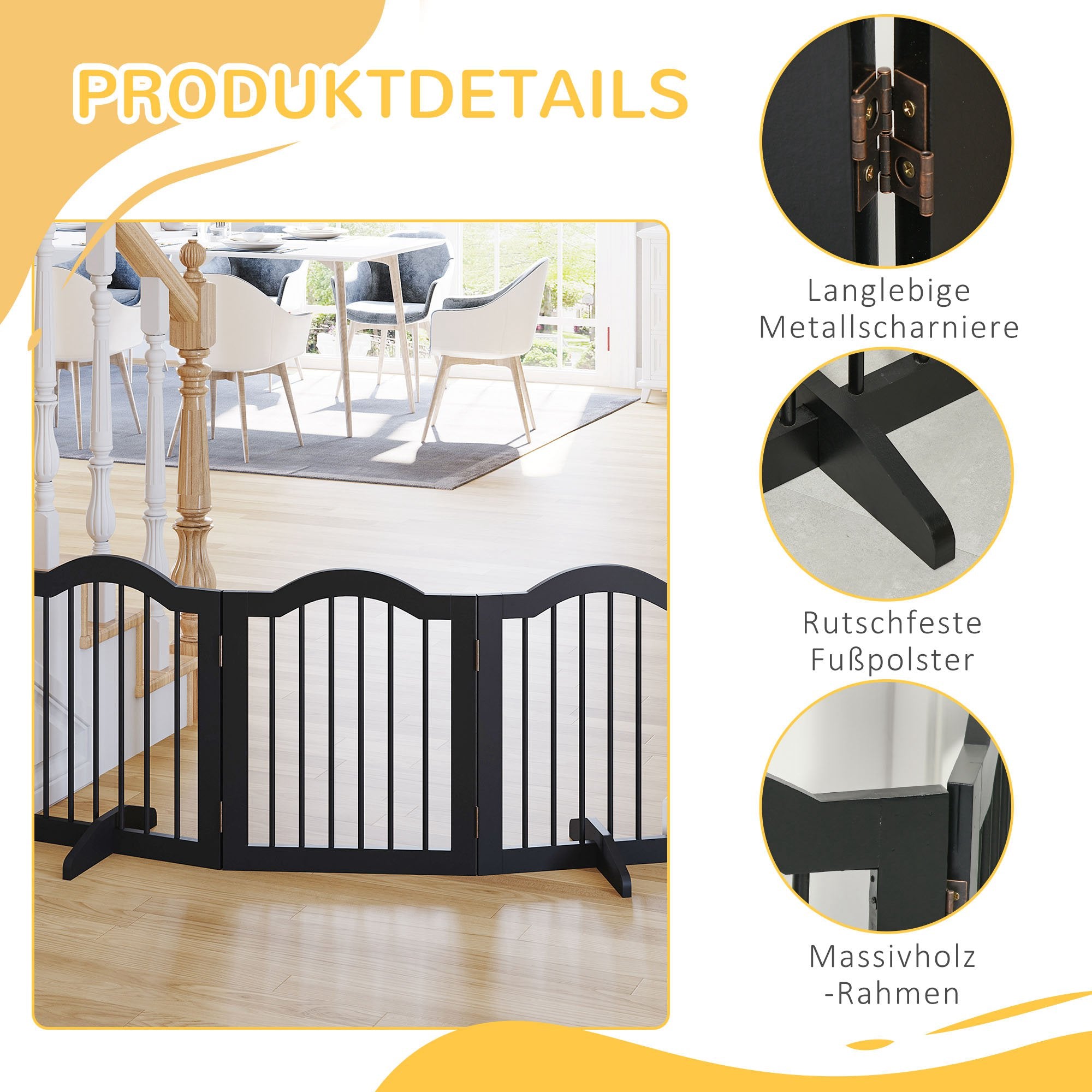 Dog Barrier Gate 3-Panel, 154.5 x 61 cm Foldable Dog Gate with Door, Door Guard Gate with 2 Support Feet, Freestanding Stair Gate for Kitchen, Hallway, Black