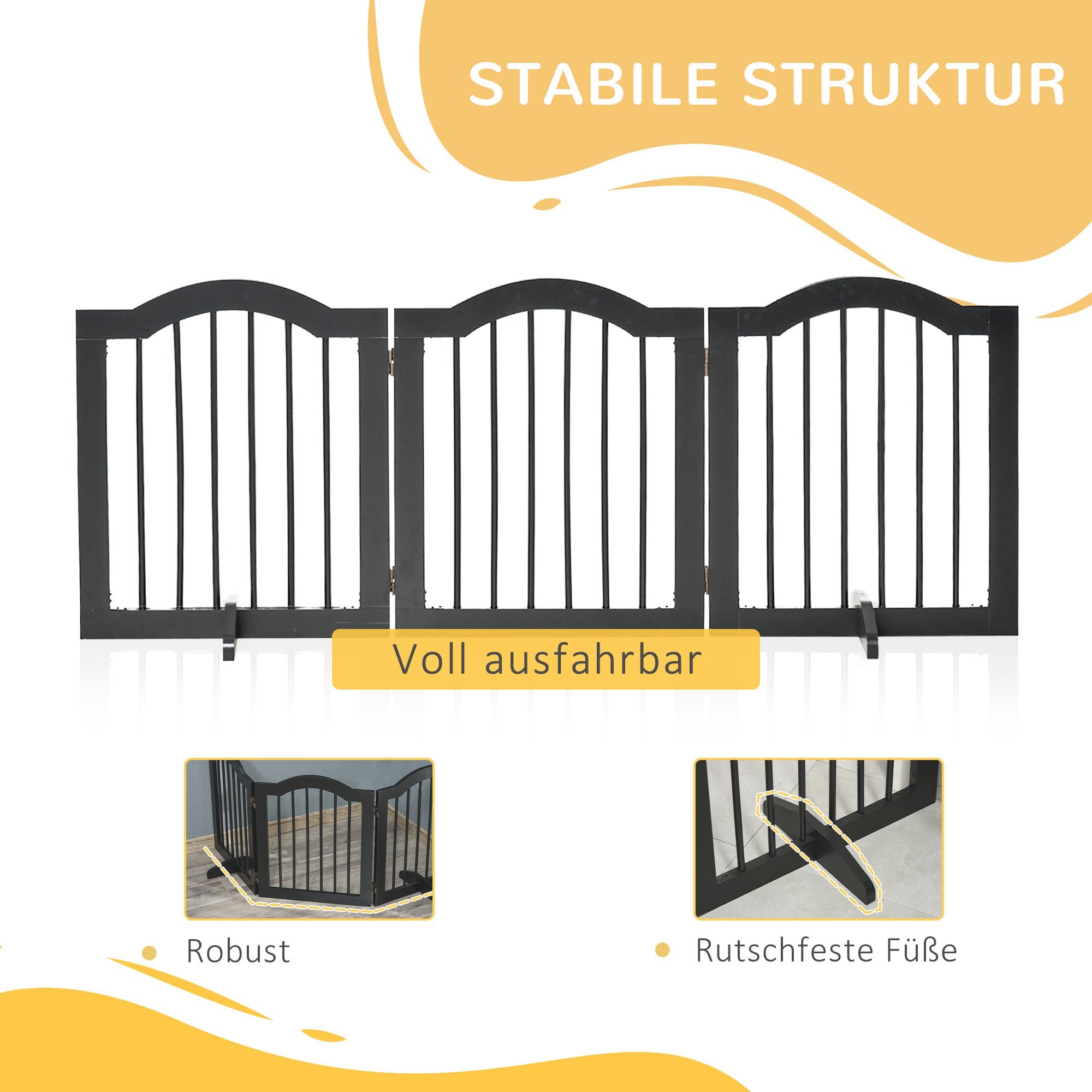 Dog Barrier Gate 3-Panel, 154.5 x 61 cm Foldable Dog Gate with Door, Door Guard Gate with 2 Support Feet, Freestanding Stair Gate for Kitchen, Hallway, Black