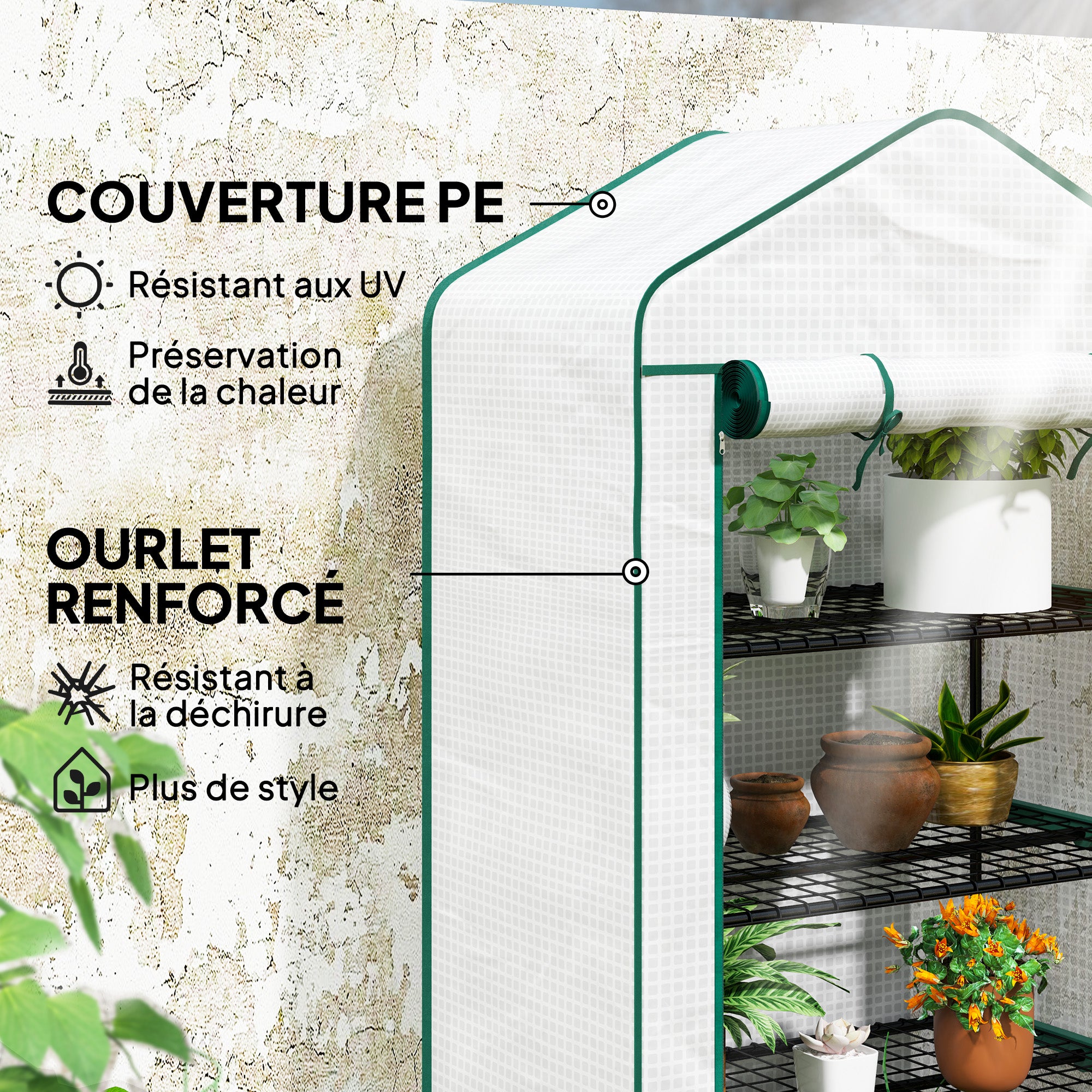 PE Garden Greenhouse with 4 Tiers Shelves, Balcony Greenhouse, Reinforced 135 g/m² Tarp, Steel Frame, Roll-Up Zippered Door, for Vegetables Plants Flowers, 90 x 49 x 160 cm, White