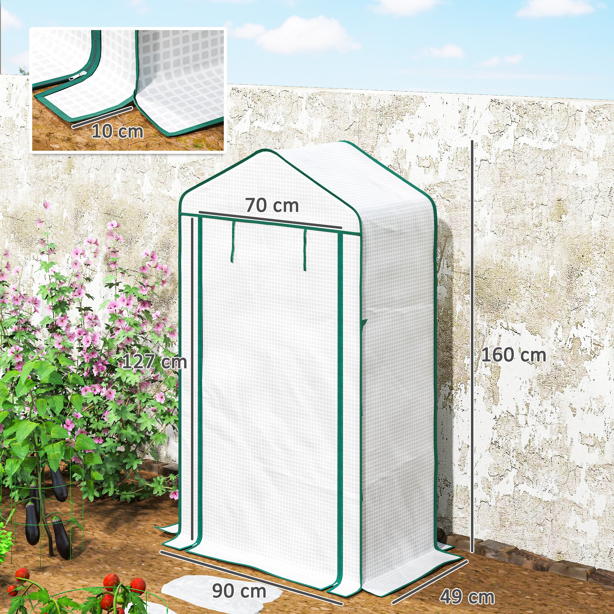 PE Garden Greenhouse with 4 Tiers Shelves, Balcony Greenhouse, Reinforced 135 g/m² Tarp, Steel Frame, Roll-Up Zippered Door, for Vegetables Plants Flowers, 90 x 49 x 160 cm, White