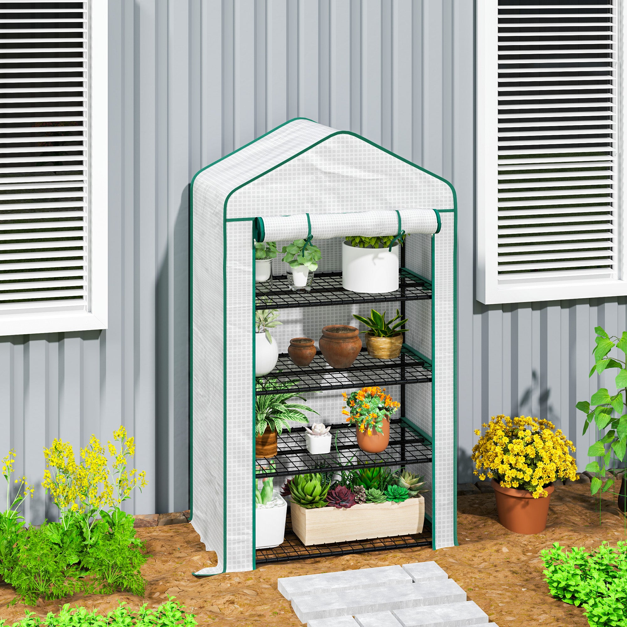 PE Garden Greenhouse with 4 Tiers Shelves, Balcony Greenhouse, Reinforced 135 g/m² Tarp, Steel Frame, Roll-Up Zippered Door, for Vegetables Plants Flowers, 90 x 49 x 160 cm, White