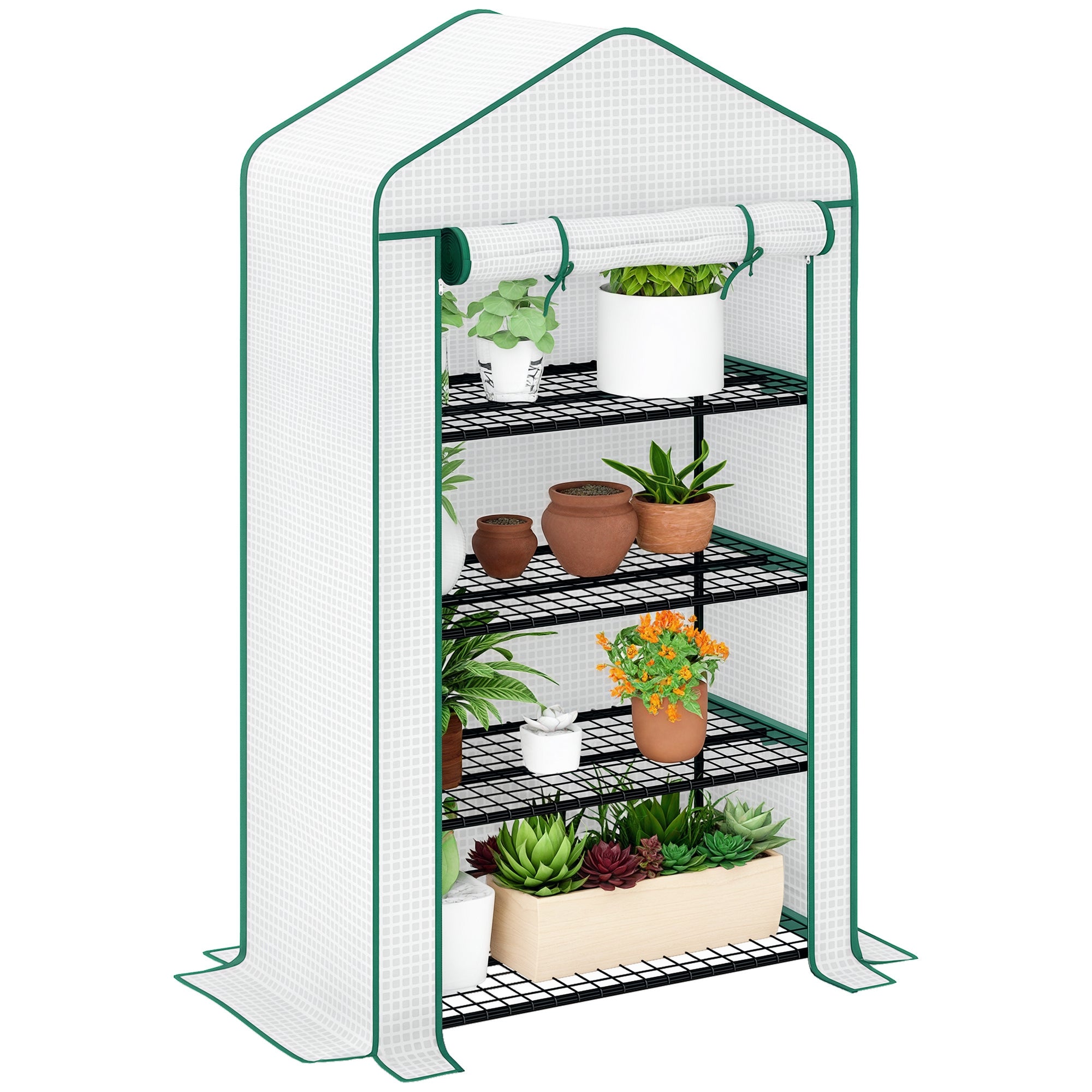 PE Garden Greenhouse with 4 Tiers Shelves, Balcony Greenhouse, Reinforced 135 g/m² Tarp, Steel Frame, Roll-Up Zippered Door, for Vegetables Plants Flowers, 90 x 49 x 160 cm, White