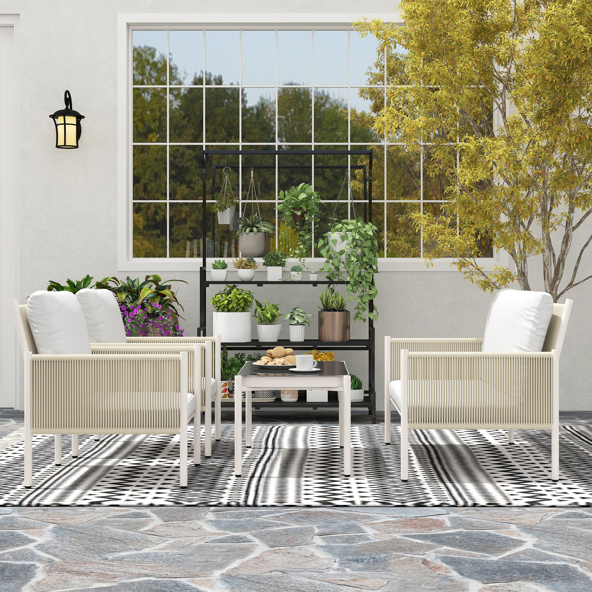 Rattan Garden Furniture Set Lounge Set with 2-Seater Sofa Armchair Glass Table Cushions Weatherproof Seating Group for 4 People Outdoor Balcony Furniture Set Patio Furniture for Garden Balcony Brown+Gray