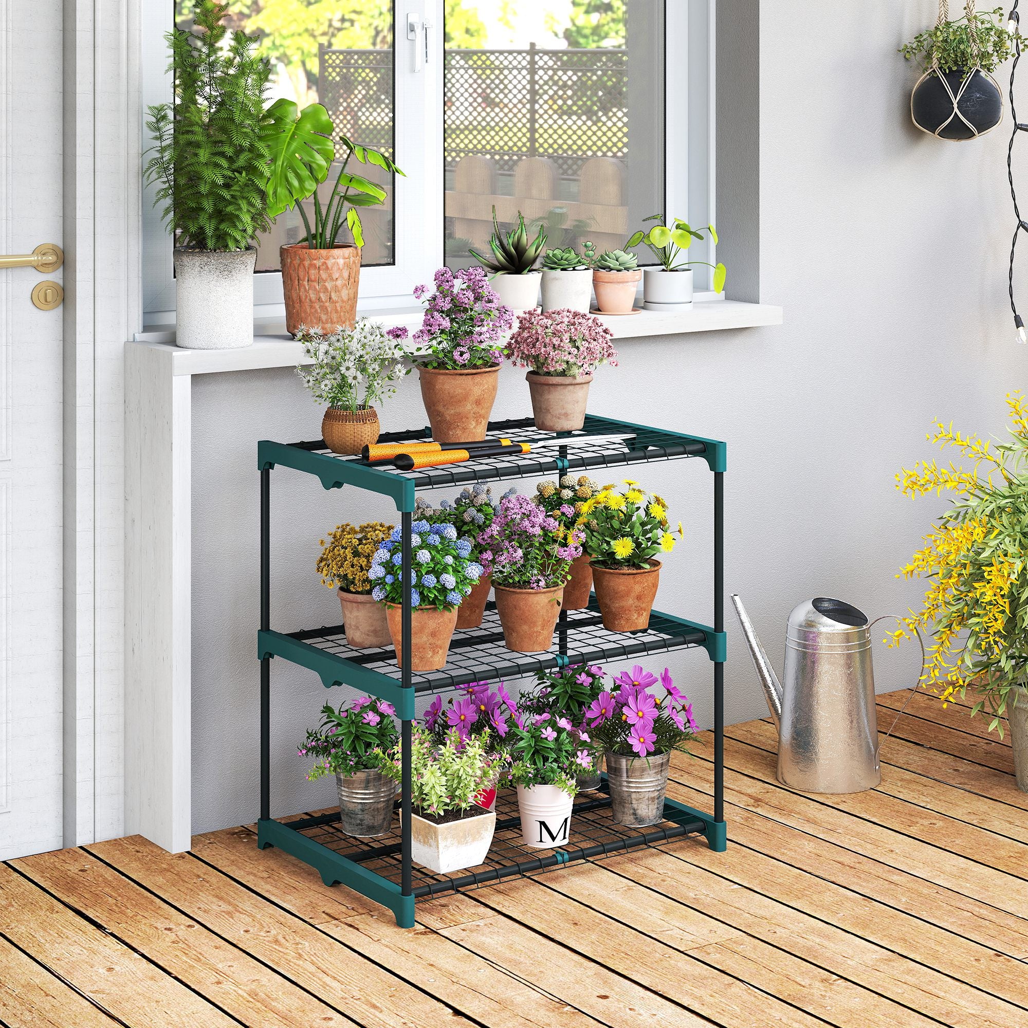 3-Tier Plant Stand, 72 cm (28.3 in) High Flower Rack for Indoor & Outdoor, Steel Multi-Level Plant Shelf, Pot Holder for Garden & Balcony, Dark Green