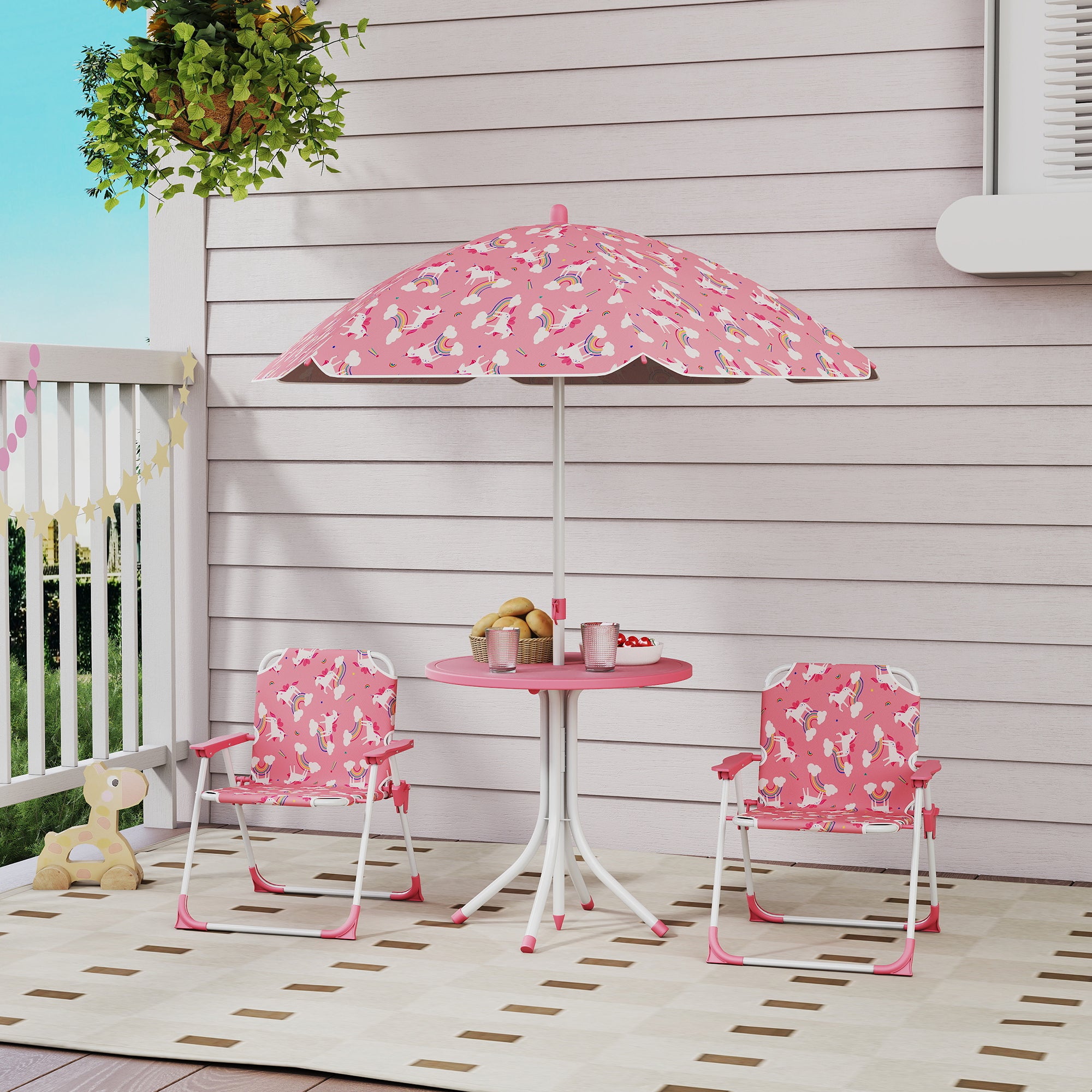 4-Piece Kids Garden Table & Chairs Set — Folding Chairs, Removable Umbrella, Unicorn & Rainbow, Pink