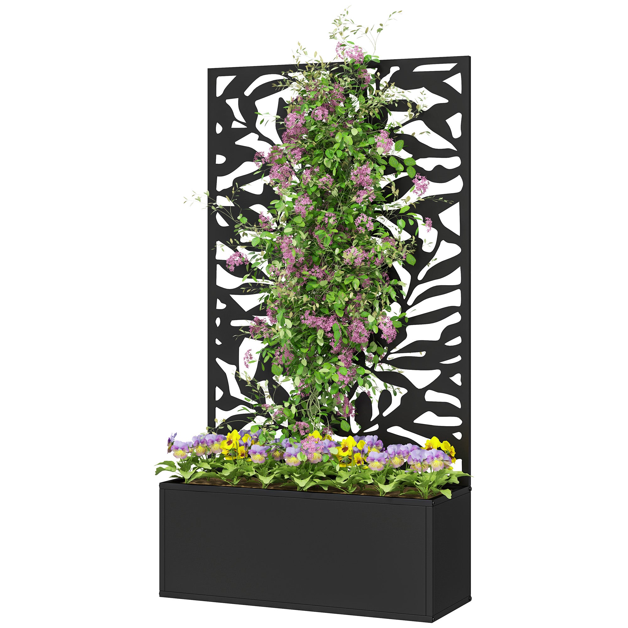 Planter with Trellis, Privacy Screen, Outdoor Metal Planter on Legs or Wall-Mounted, Full Leaf Patterns, Rectangular Flower Box for Balcony Garden Patio, 61x23x113 cm, Black