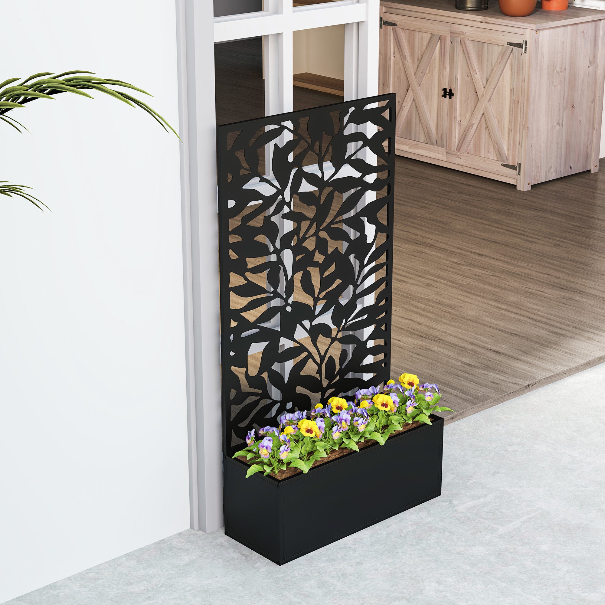 Planter with Trellis, Privacy Screen, Outdoor Metal Planter on Legs or Wall-Mounted, Full Leaf Patterns, Rectangular Flower Box for Balcony Garden Patio, 61x23x113 cm, Black