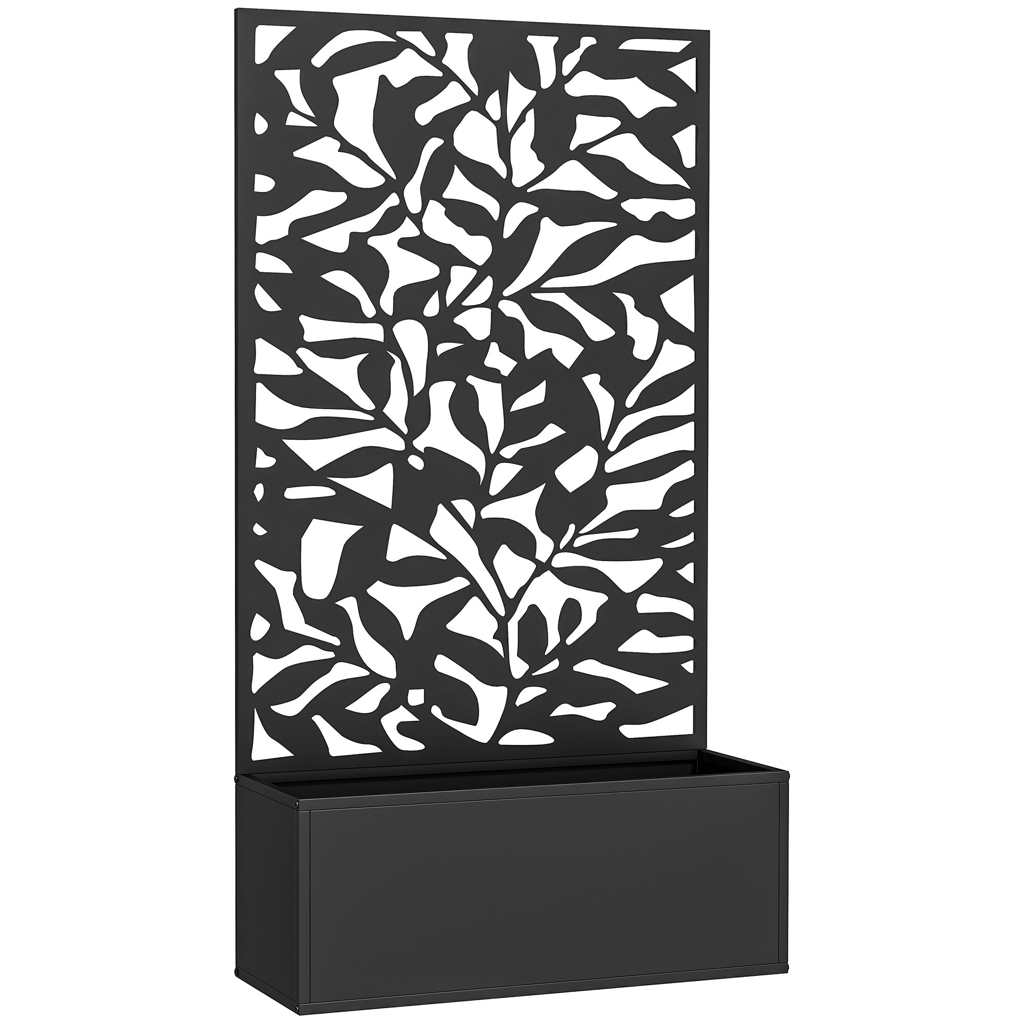 Planter with Trellis, Privacy Screen, Outdoor Metal Planter on Legs or Wall-Mounted, Full Leaf Patterns, Rectangular Flower Box for Balcony Garden Patio, 61x23x113 cm, Black