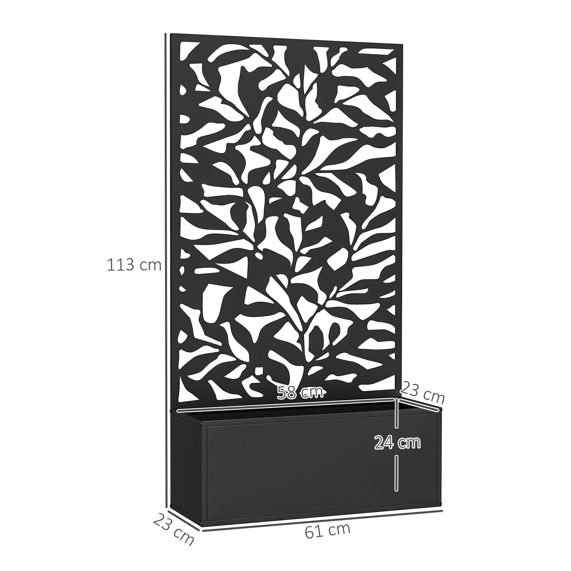 Planter with Trellis, Privacy Screen, Outdoor Metal Planter on Legs or Wall-Mounted, Full Leaf Patterns, Rectangular Flower Box for Balcony Garden Patio, 61x23x113 cm, Black