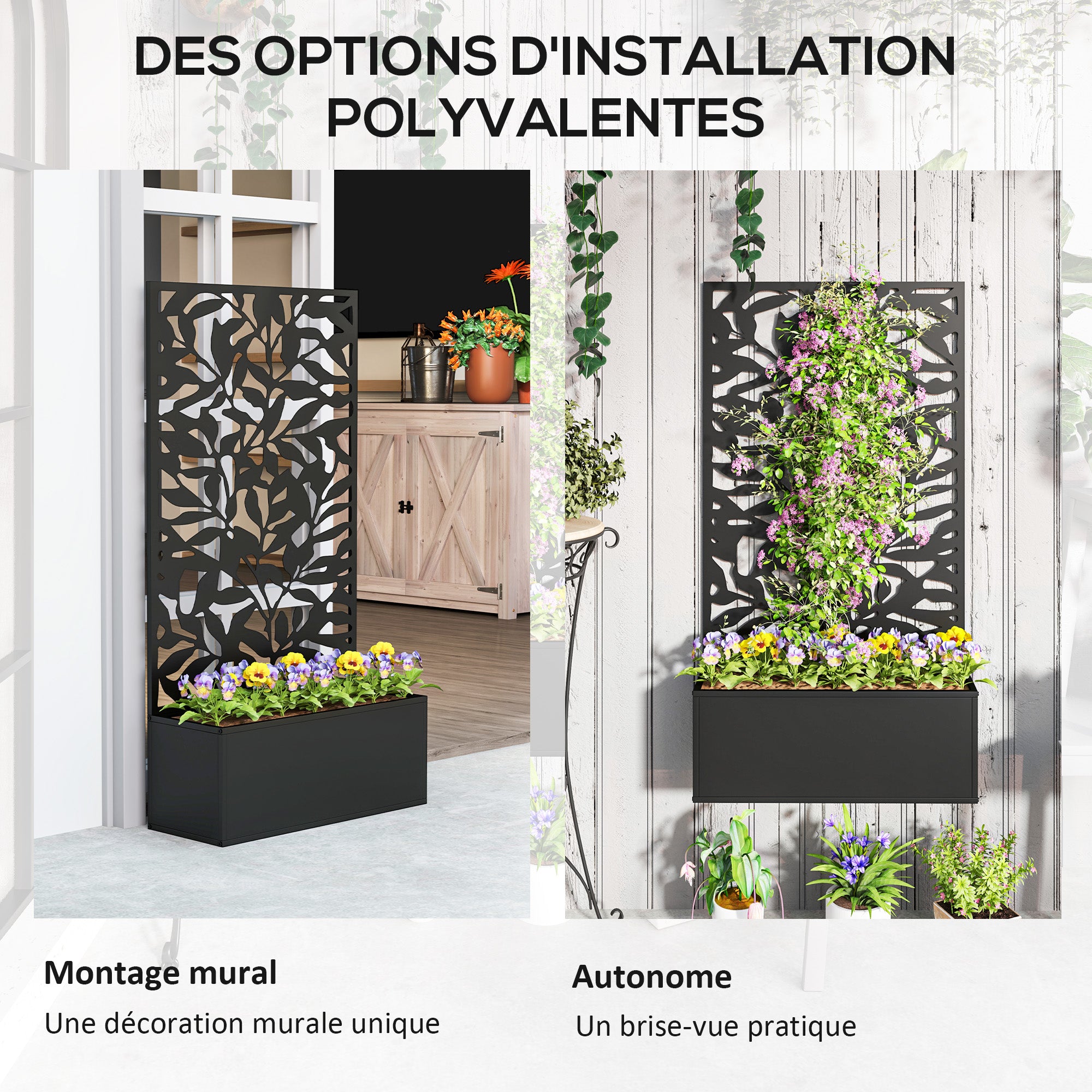 Planter with Trellis, Privacy Screen, Outdoor Metal Planter on Legs or Wall-Mounted, Full Leaf Patterns, Rectangular Flower Box for Balcony Garden Patio, 61x23x113 cm, Black