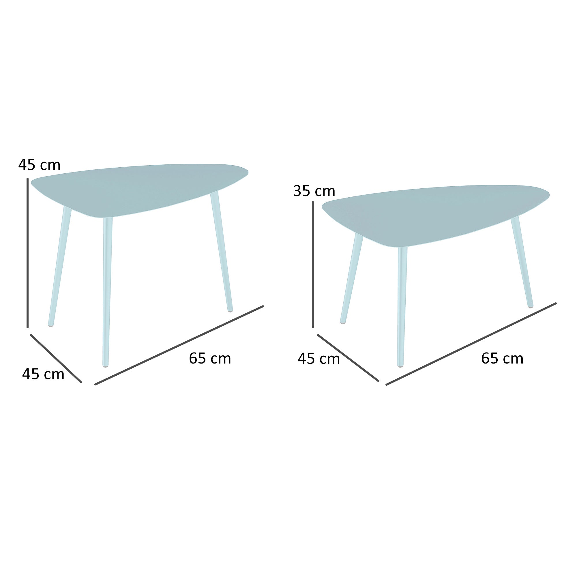 Set of 2 garden coffee tables, triangular nesting side tables, steel frame, with adjustable pads for balcony, patio, garden, light blue