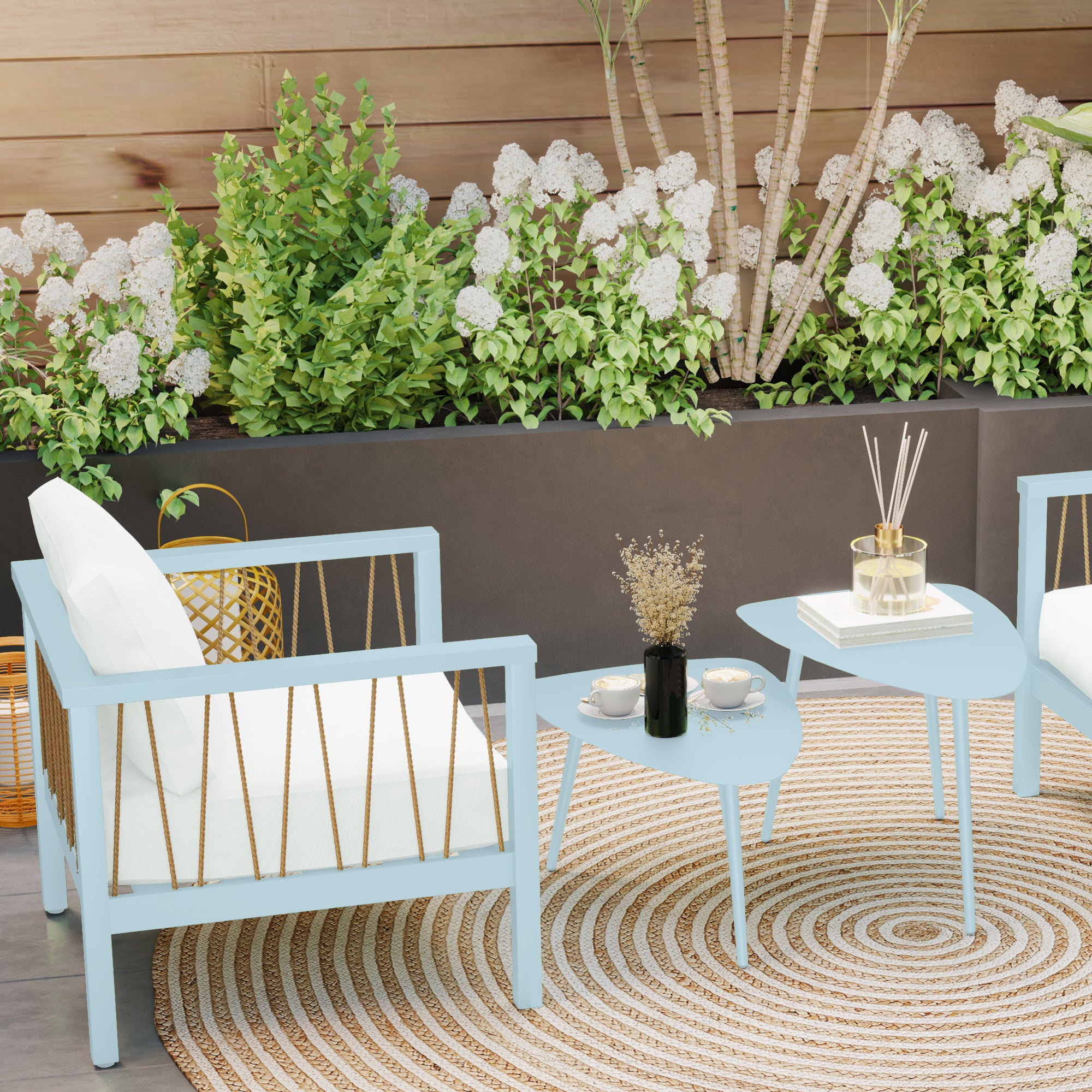 Set of 2 garden coffee tables, triangular nesting side tables, steel frame, with adjustable pads for balcony, patio, garden, light blue