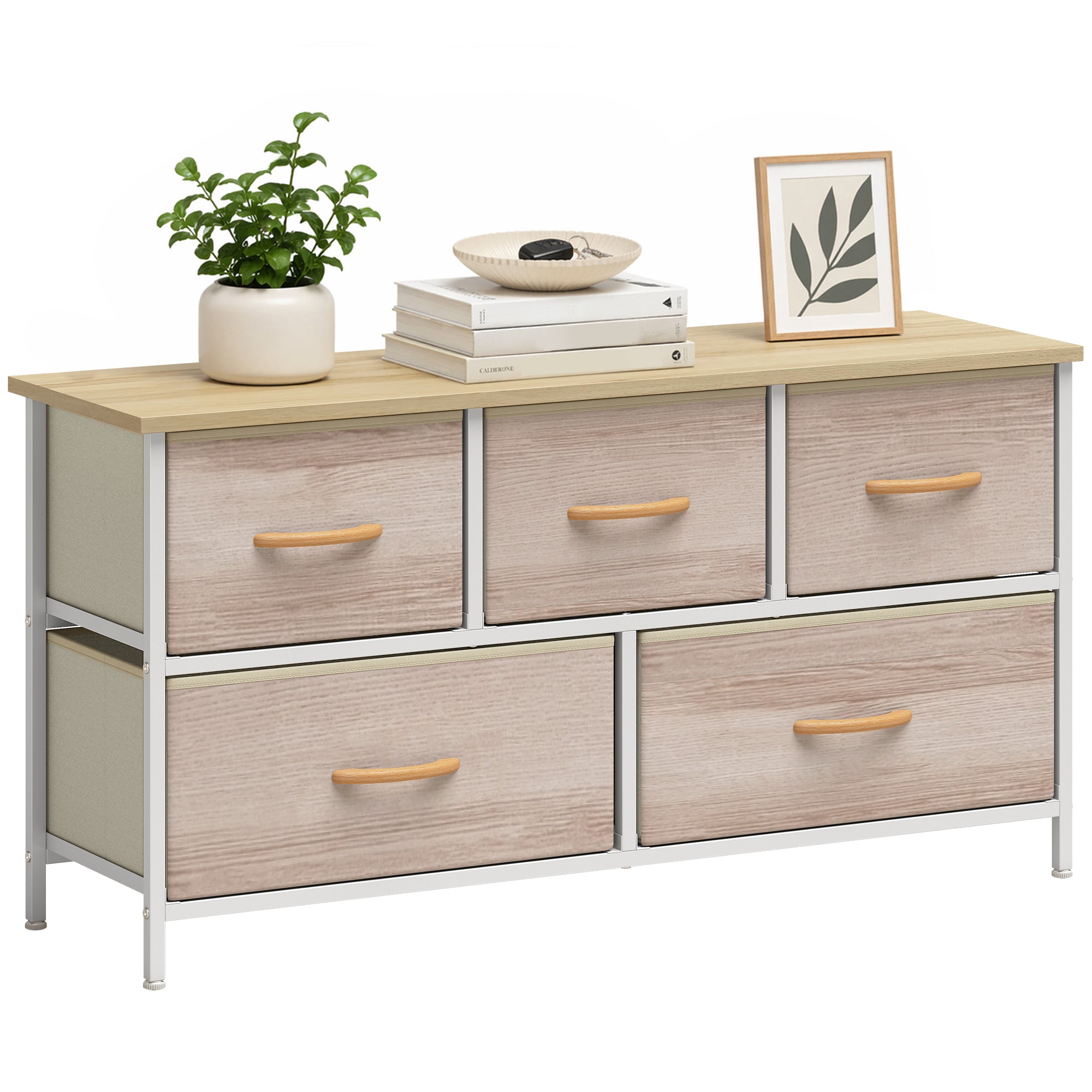 5-Drawer Fabric Dresser with Metal Frame — Bedroom, Living Room & Office Chest, Natural Wood/White