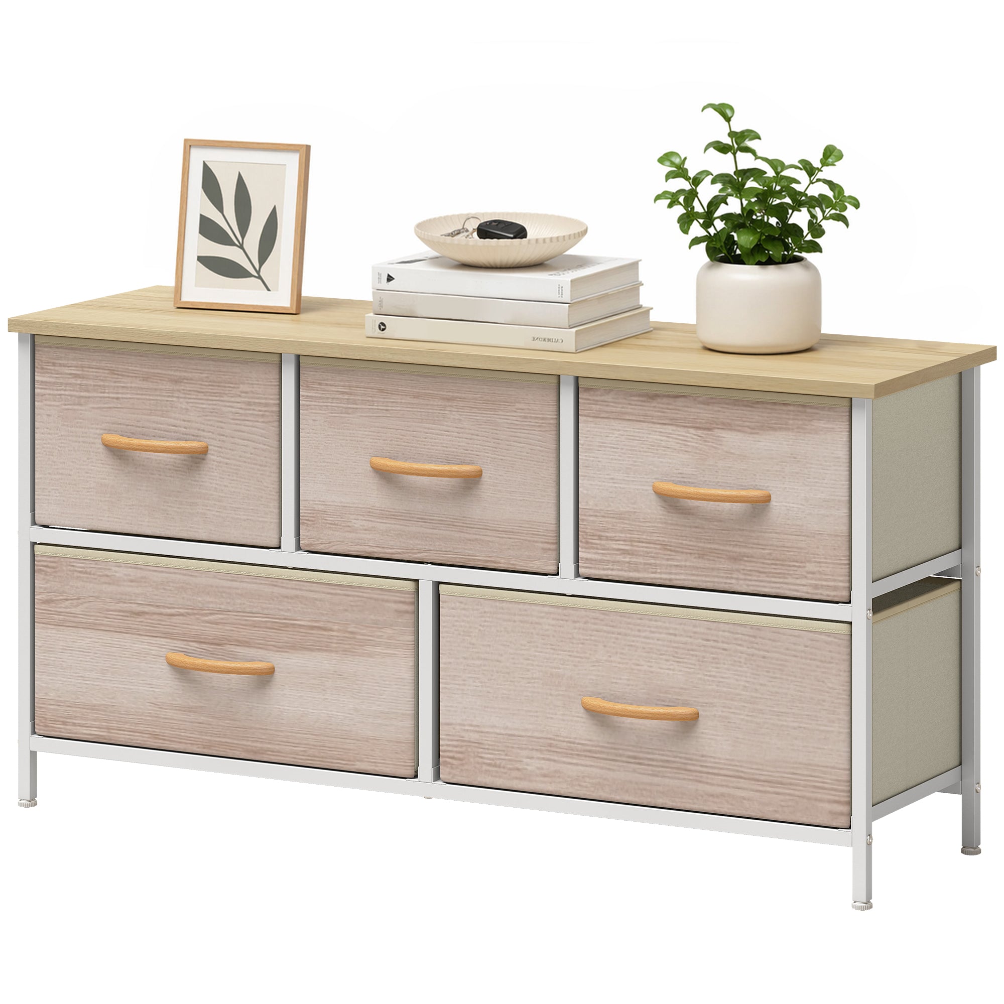 5-Drawer Fabric Dresser with Metal Frame — Bedroom, Living Room & Office Chest, Natural Wood/White