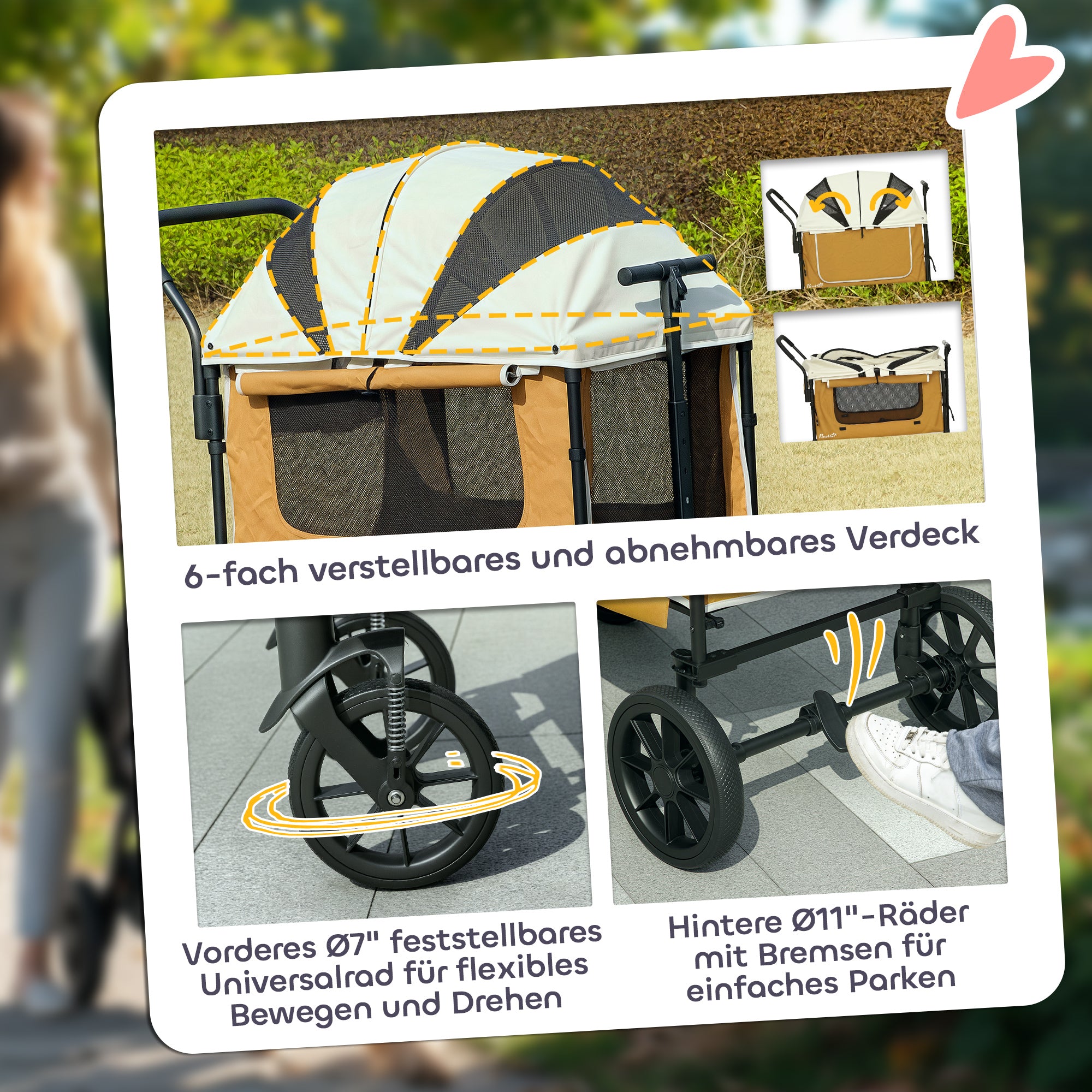 2 in 1 Dog Cart Dog Buggy foldable for Dogs & Cats up to 30 kg Wagon with Cushion Net Windows 2 Doors Storage Bag Cat Cart Buggy Brown