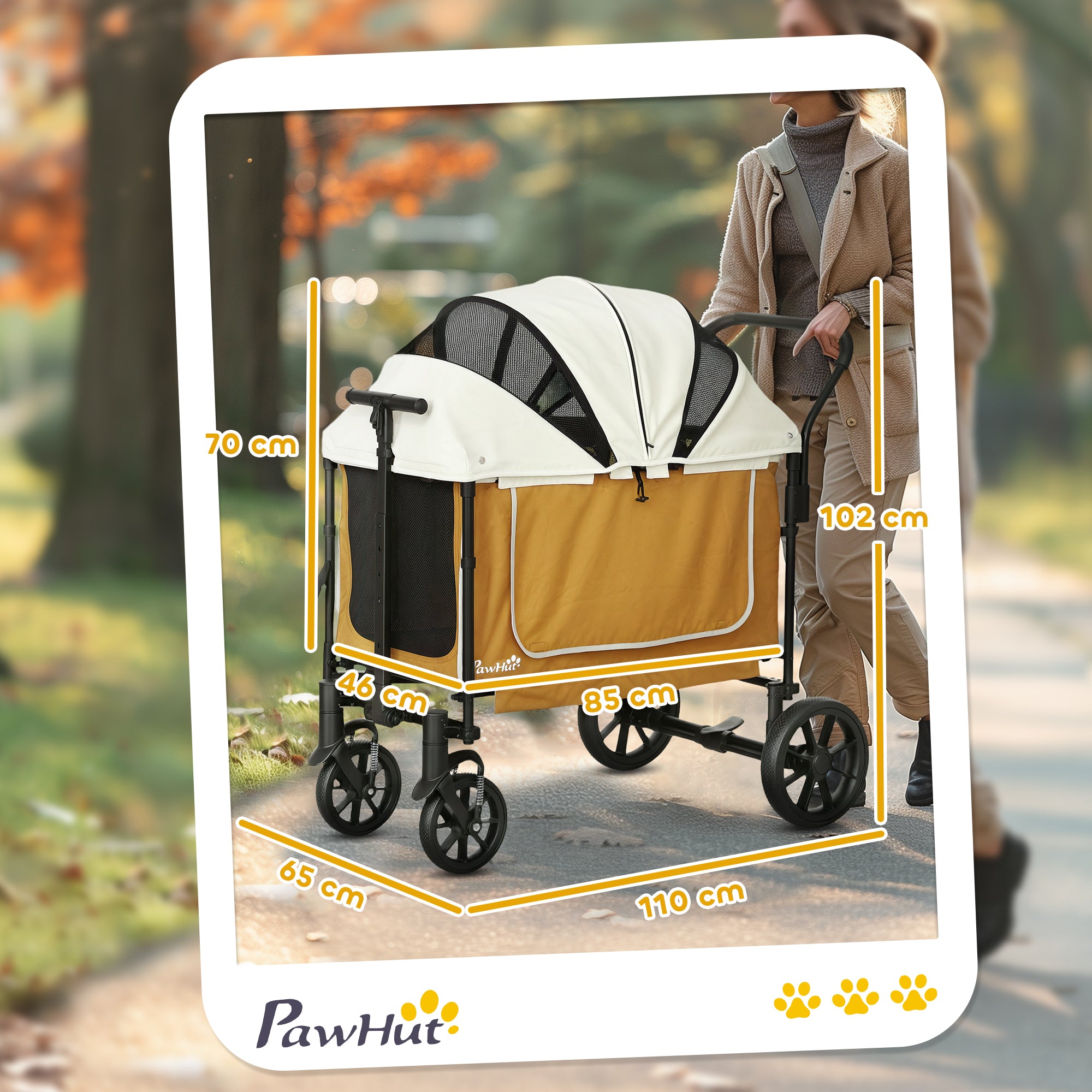 2 in 1 Dog Cart Dog Buggy foldable for Dogs & Cats up to 30 kg Wagon with Cushion Net Windows 2 Doors Storage Bag Cat Cart Buggy Brown