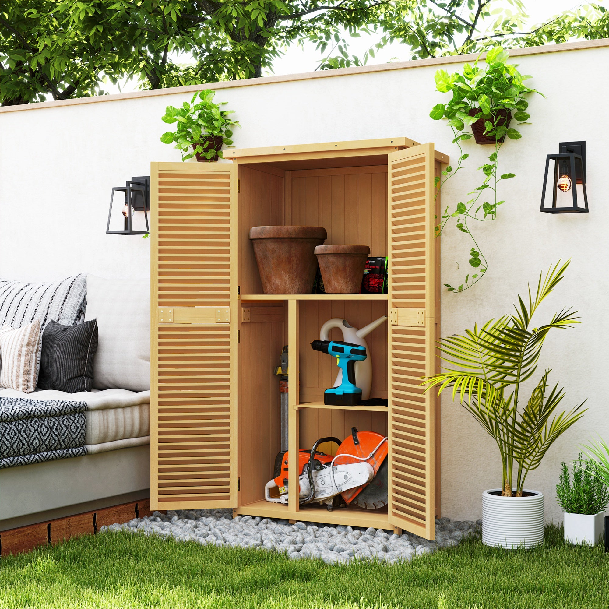 Garden Shed Wood Tool Shed with Asphalt Roof Louvered Door Garden Shelf Shed Garden 4 Compartments Light Yellow 87 x 46.5 x 160 cm