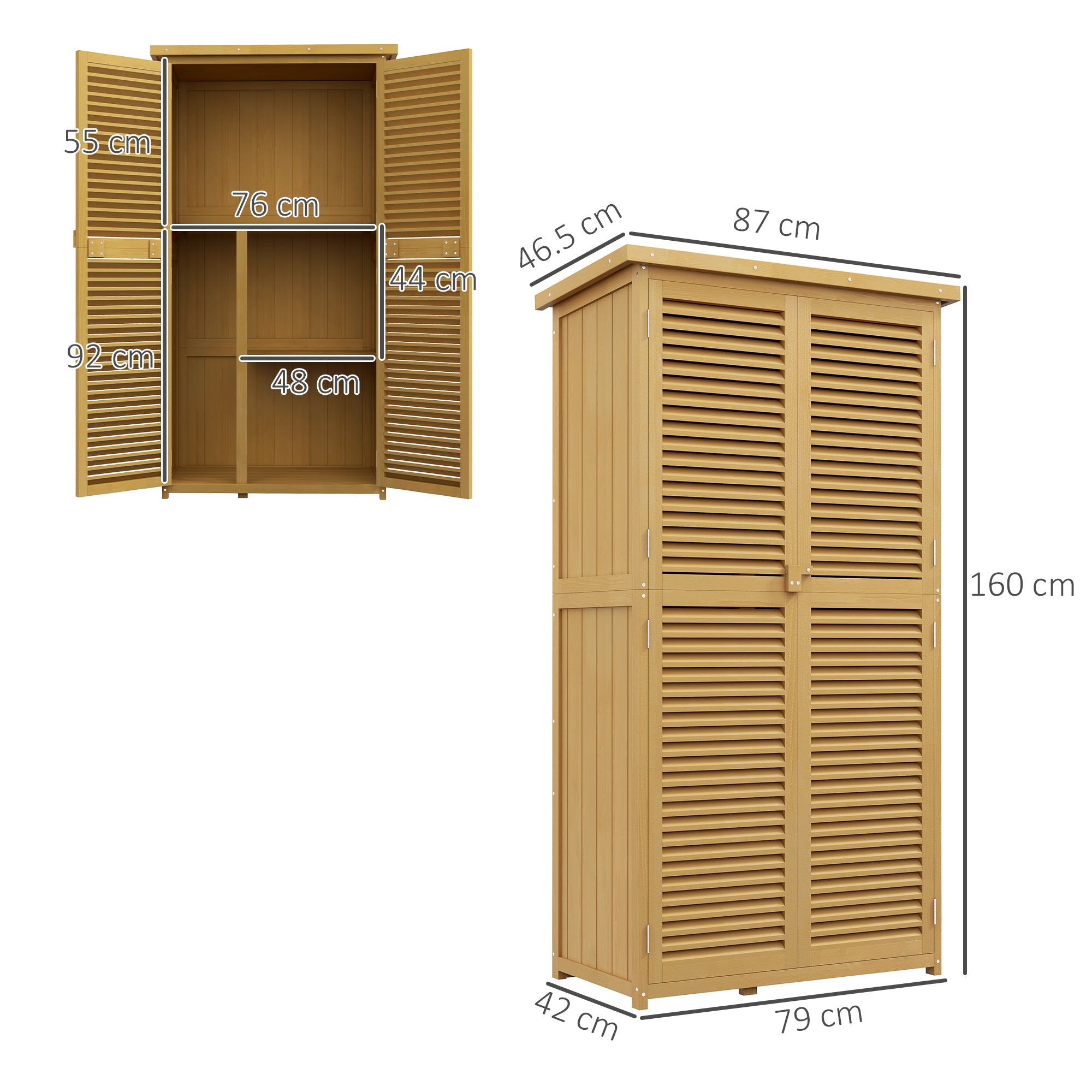 Garden Shed Wood Tool Shed with Asphalt Roof Louvered Door Garden Shelf Shed Garden 4 Compartments Light Yellow 87 x 46.5 x 160 cm