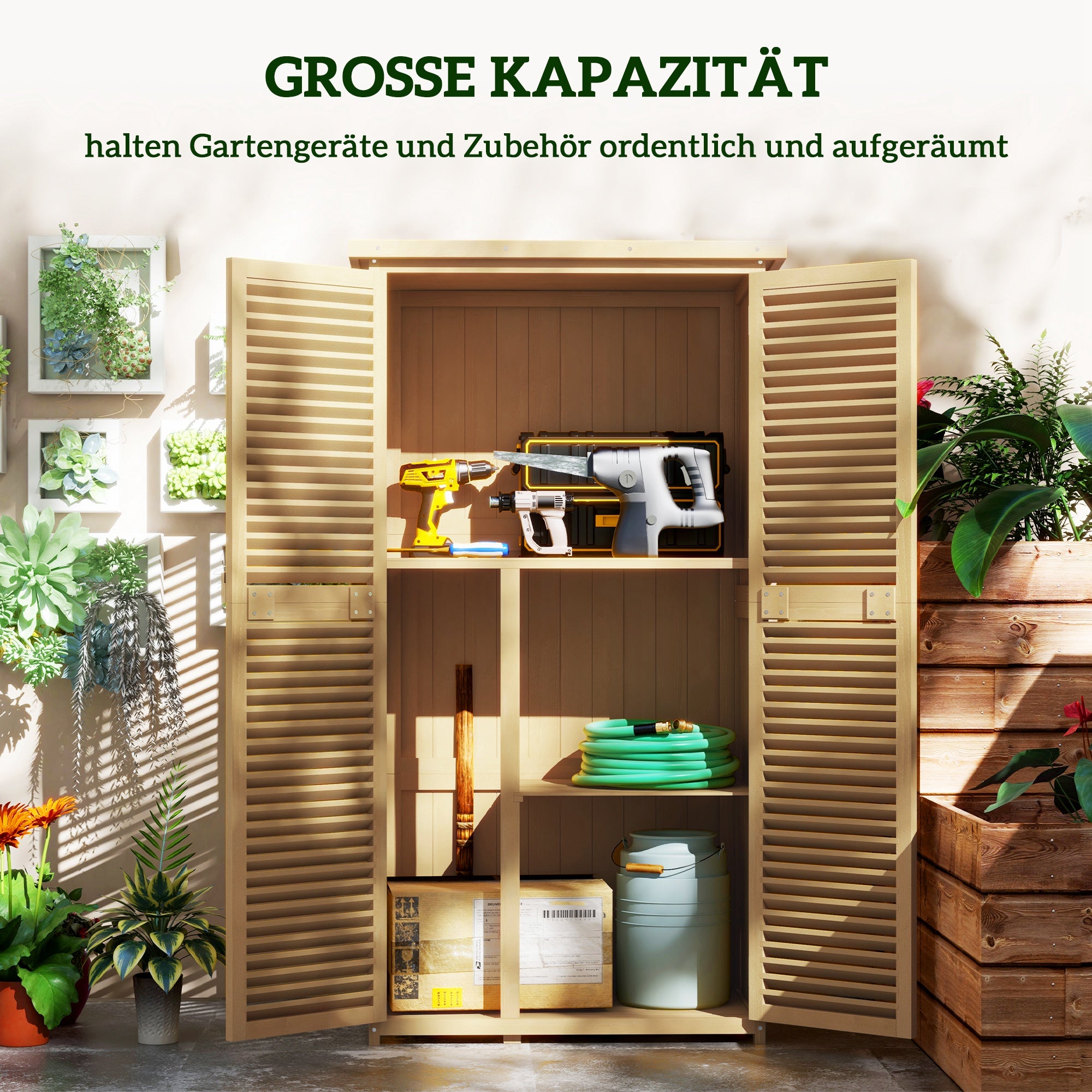 Garden Shed Wood Tool Shed with Asphalt Roof Louvered Door Garden Shelf Shed Garden 4 Compartments Light Yellow 87 x 46.5 x 160 cm