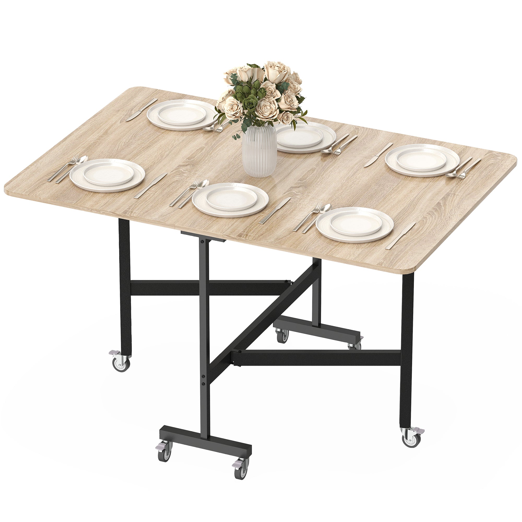 Folding Dining Table for 4–6 with Wheels, Steel Legs, Mobile Foldable Table for Small Spaces, Kitchen & Dining, 120 x 80 x 73 cm, Oak