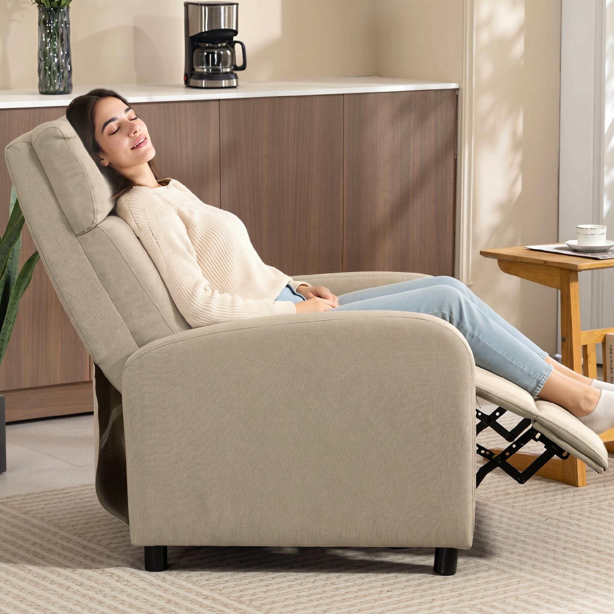 Recliner Armchair with Footrest, Linen-Look Upholstery, Pocket-Spring Seat, Reclines up to 155°, Supports up to 331 lb – Beige