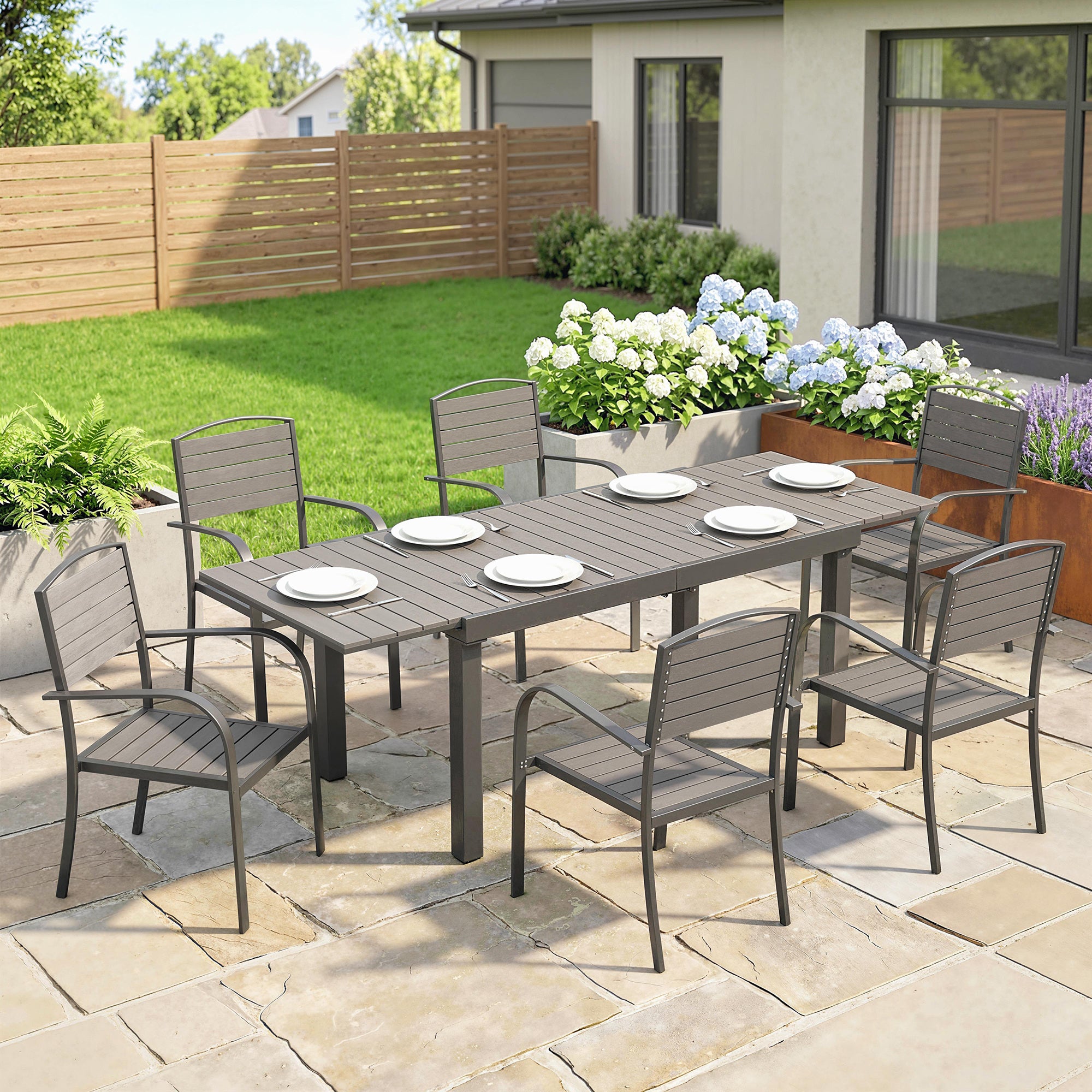 7-Piece Extendable Outdoor Dining Set with 6 Chairs, Wood-Look Slatted Design, Aluminum Frame, Weatherproof, Gray