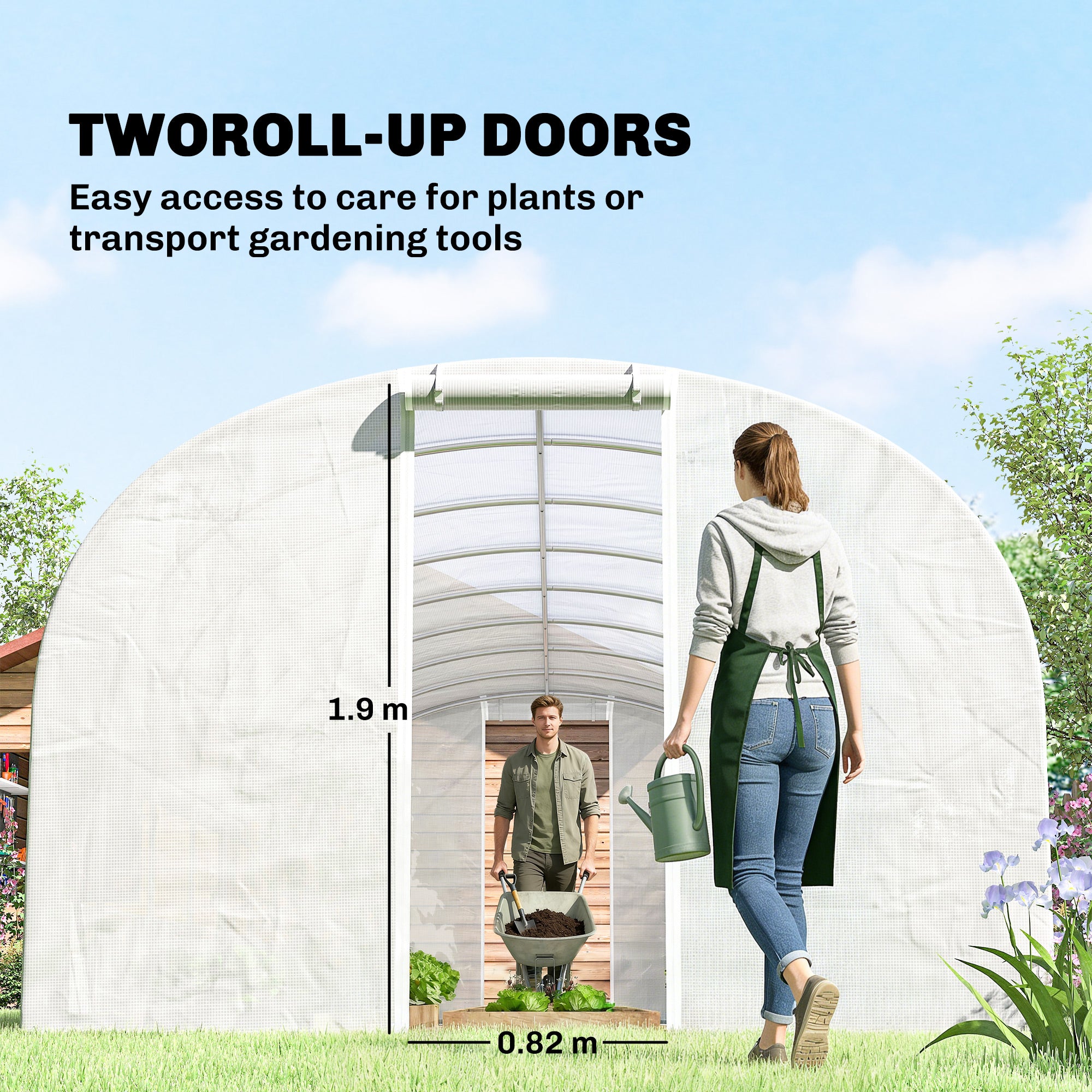 24 m² (258 sq ft) Tunnel Greenhouse — Galvanized Steel Frame, Roll-Up Doors & 2 Large Mesh Windows, 140 gsm PE Cover, White