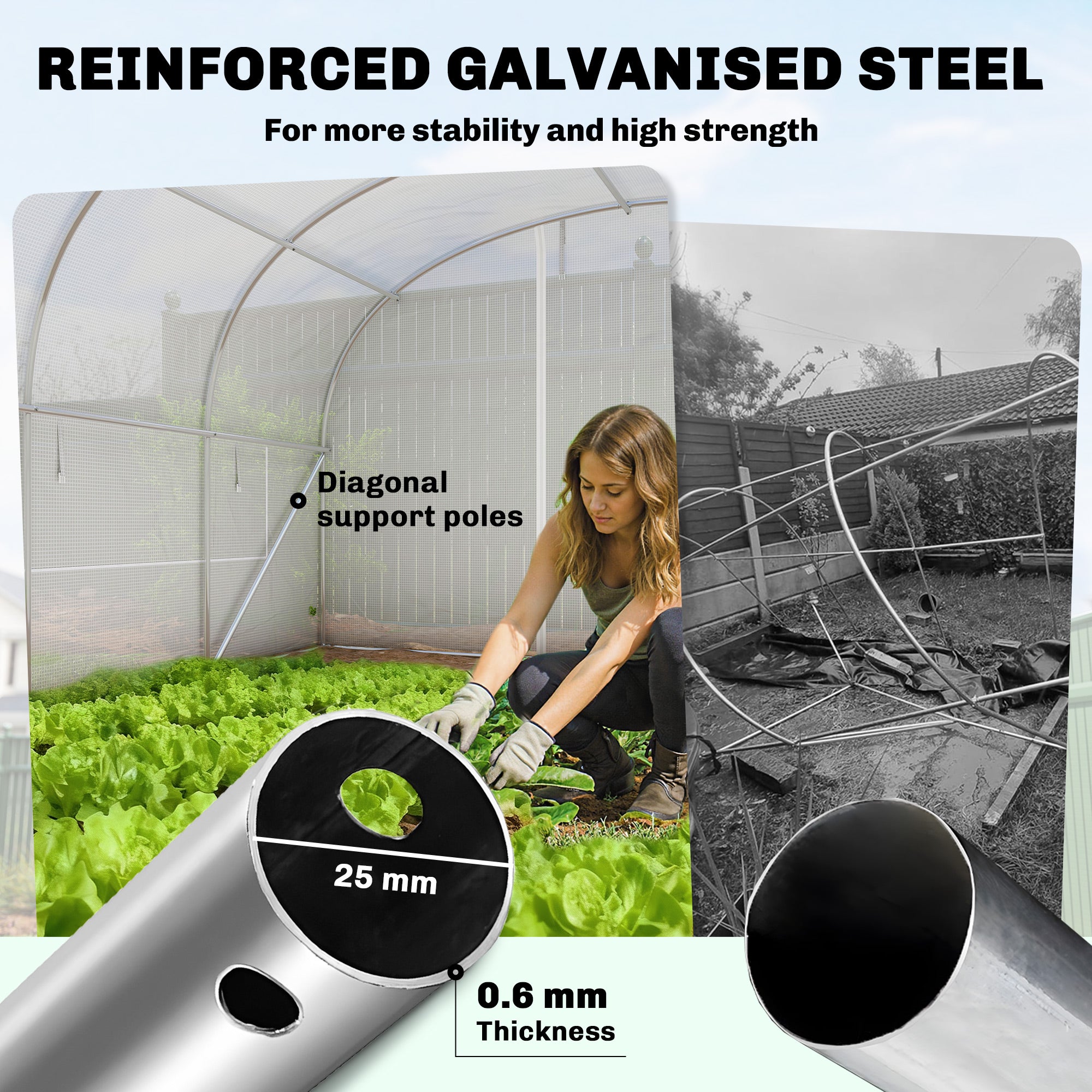 24 m² (258 sq ft) Tunnel Greenhouse — Galvanized Steel Frame, Roll-Up Doors & 2 Large Mesh Windows, 140 gsm PE Cover, White