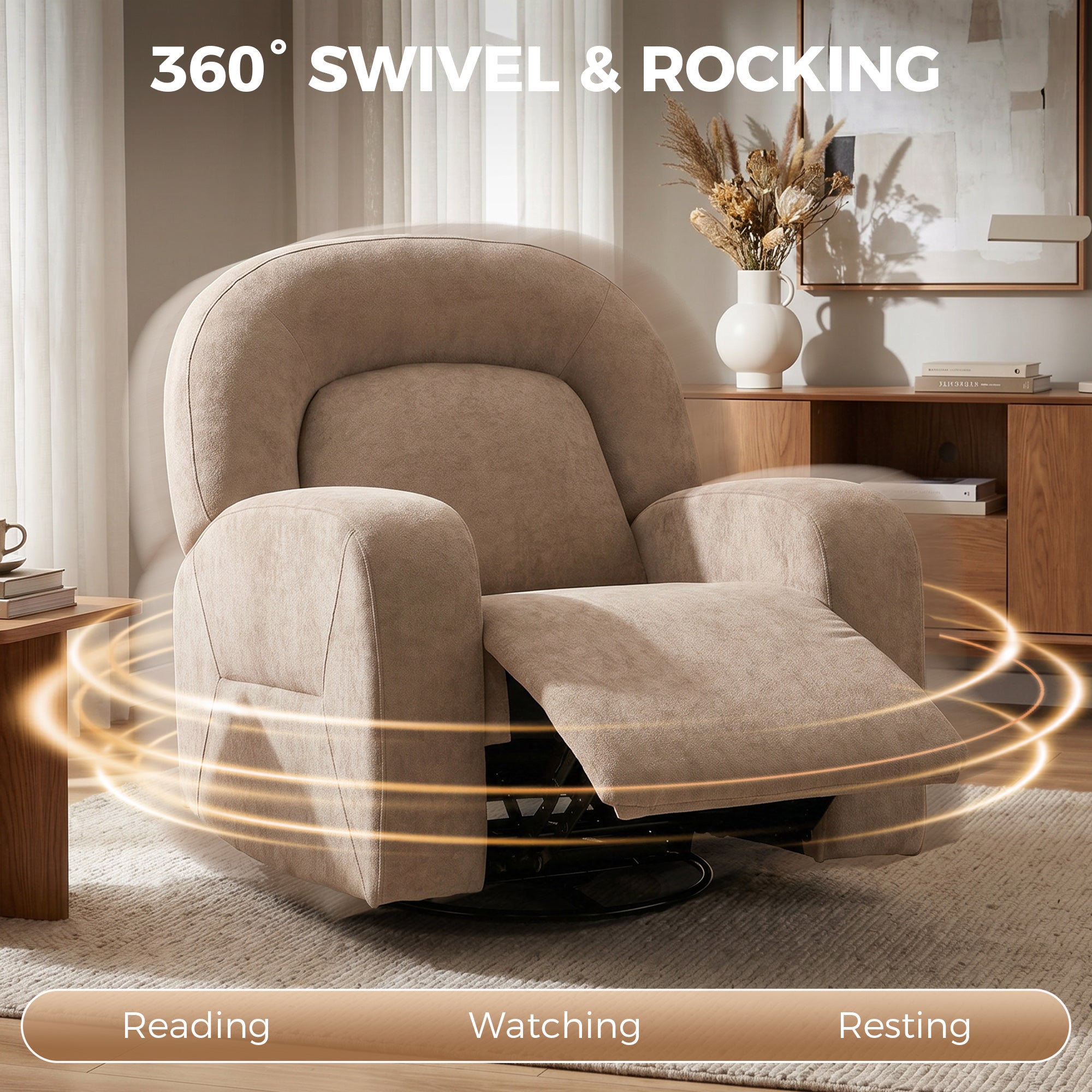 Cloud-Plush Recliner Chair — 360° Swivel, Rock & 135° Recline, Wide Seat, Khaki