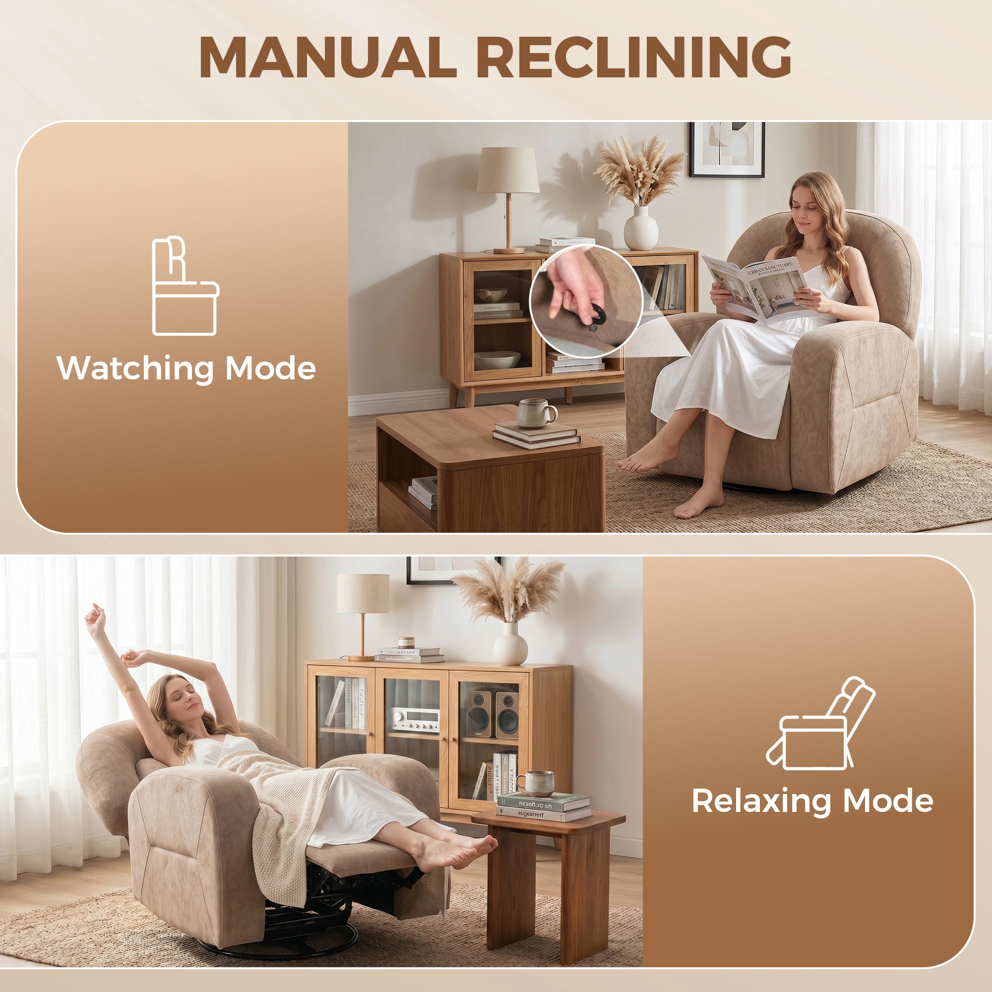 Cloud-Plush Recliner Chair — 360° Swivel, Rock & 135° Recline, Wide Seat, Khaki
