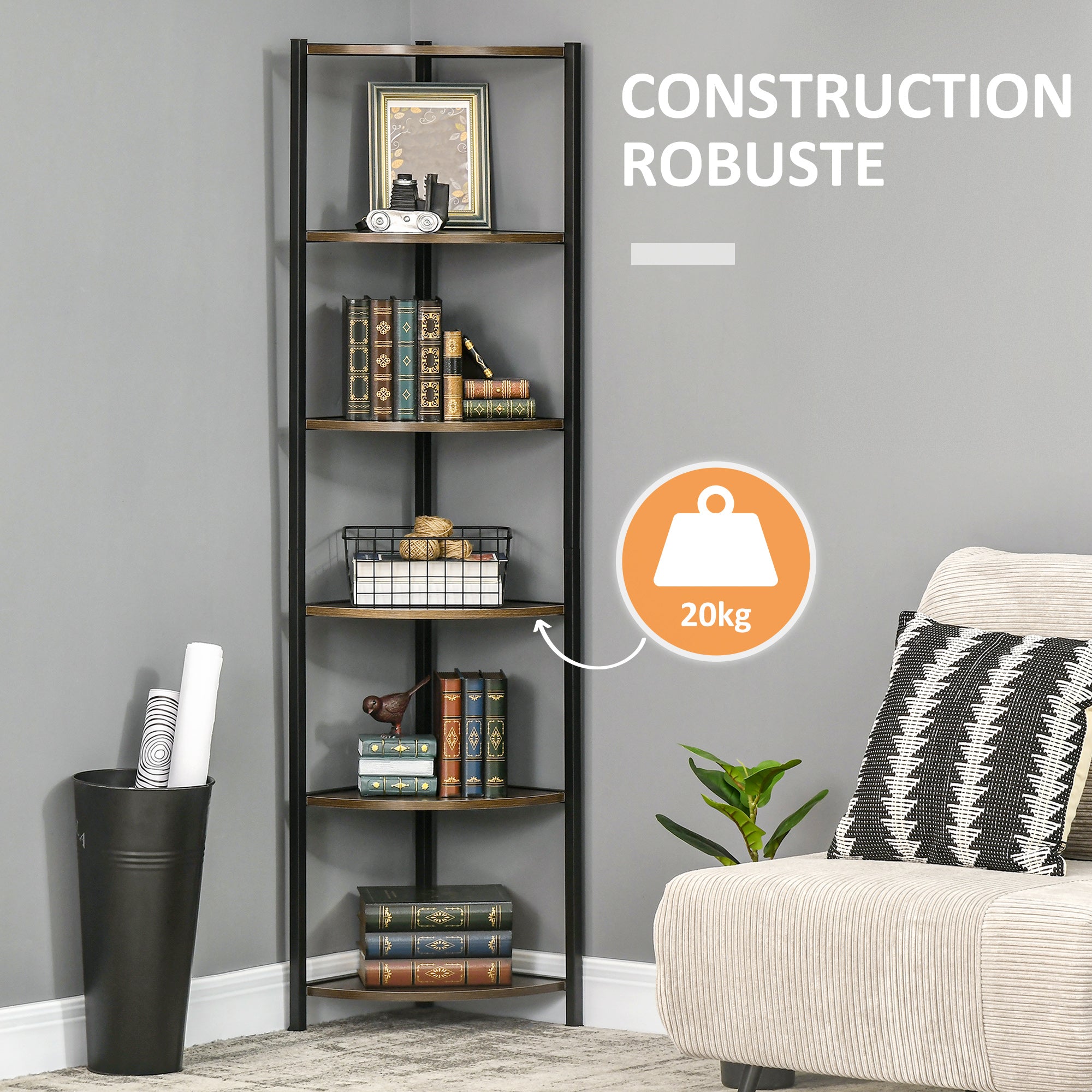 5-Tier Corner Shelf Industrial Style Metal Frame Corner Bookshelf - 34 x 34 x 166 cm Brown Black
