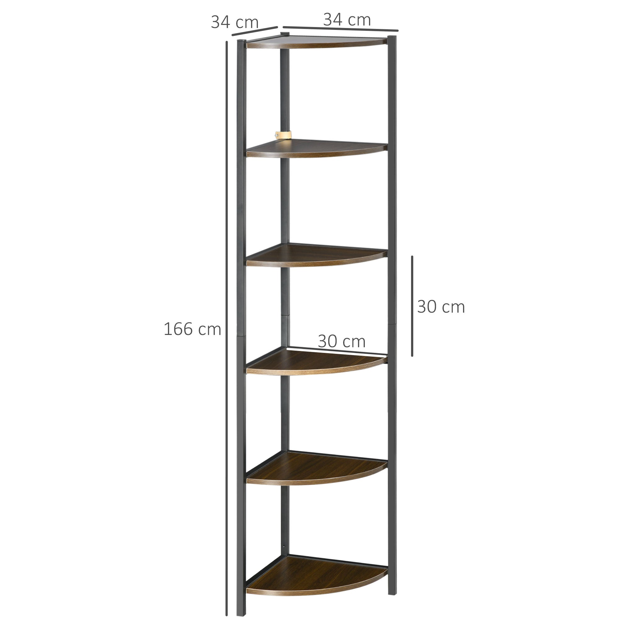5-Tier Corner Shelf Industrial Style Metal Frame Corner Bookshelf - 34 x 34 x 166 cm Brown Black