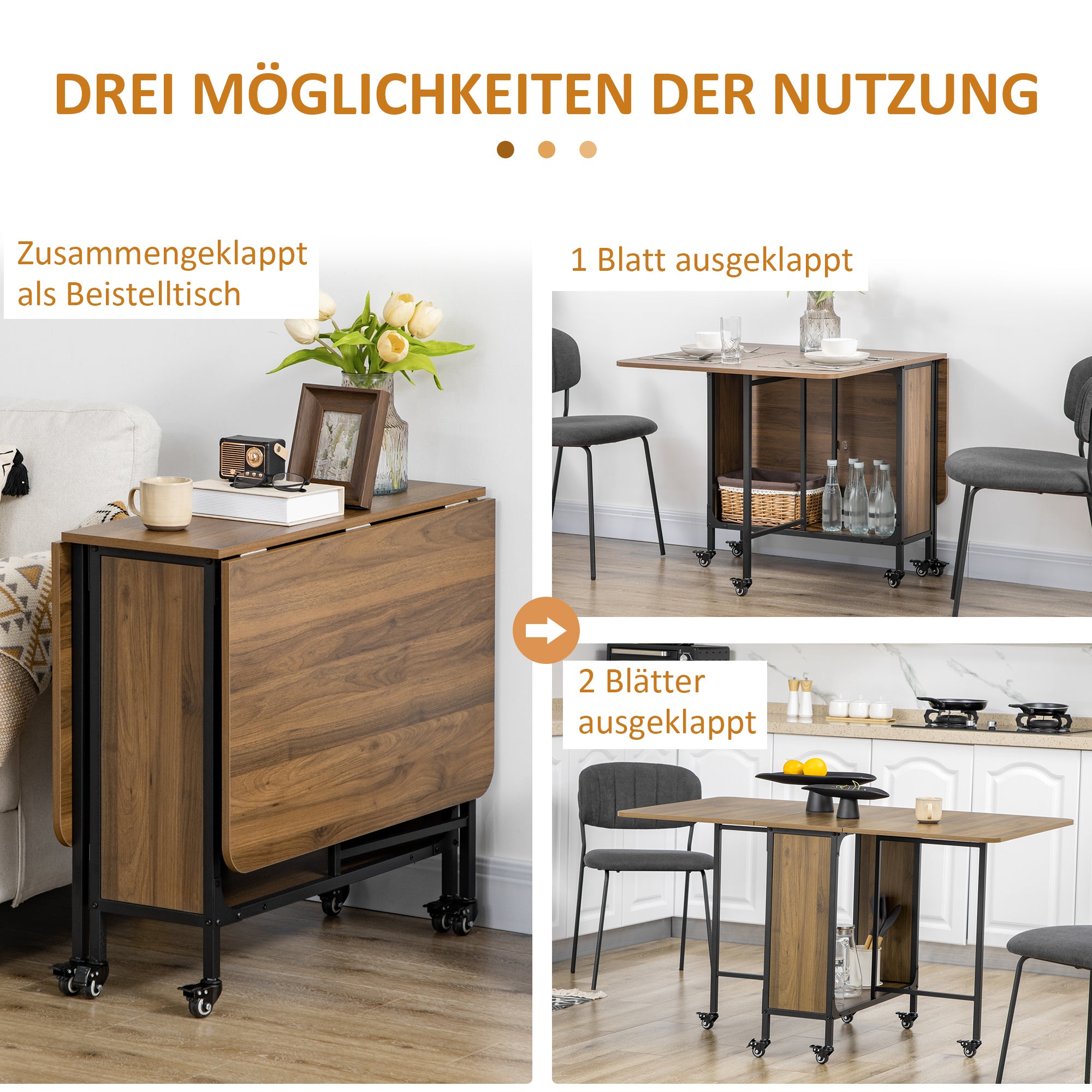 Folding Dining Table Mobile Folding Table with Open Shelf Dining Table Kitchen Table for Small Spaces, Kitchen, Dining Room 130 x 80 x 74 cm Brown