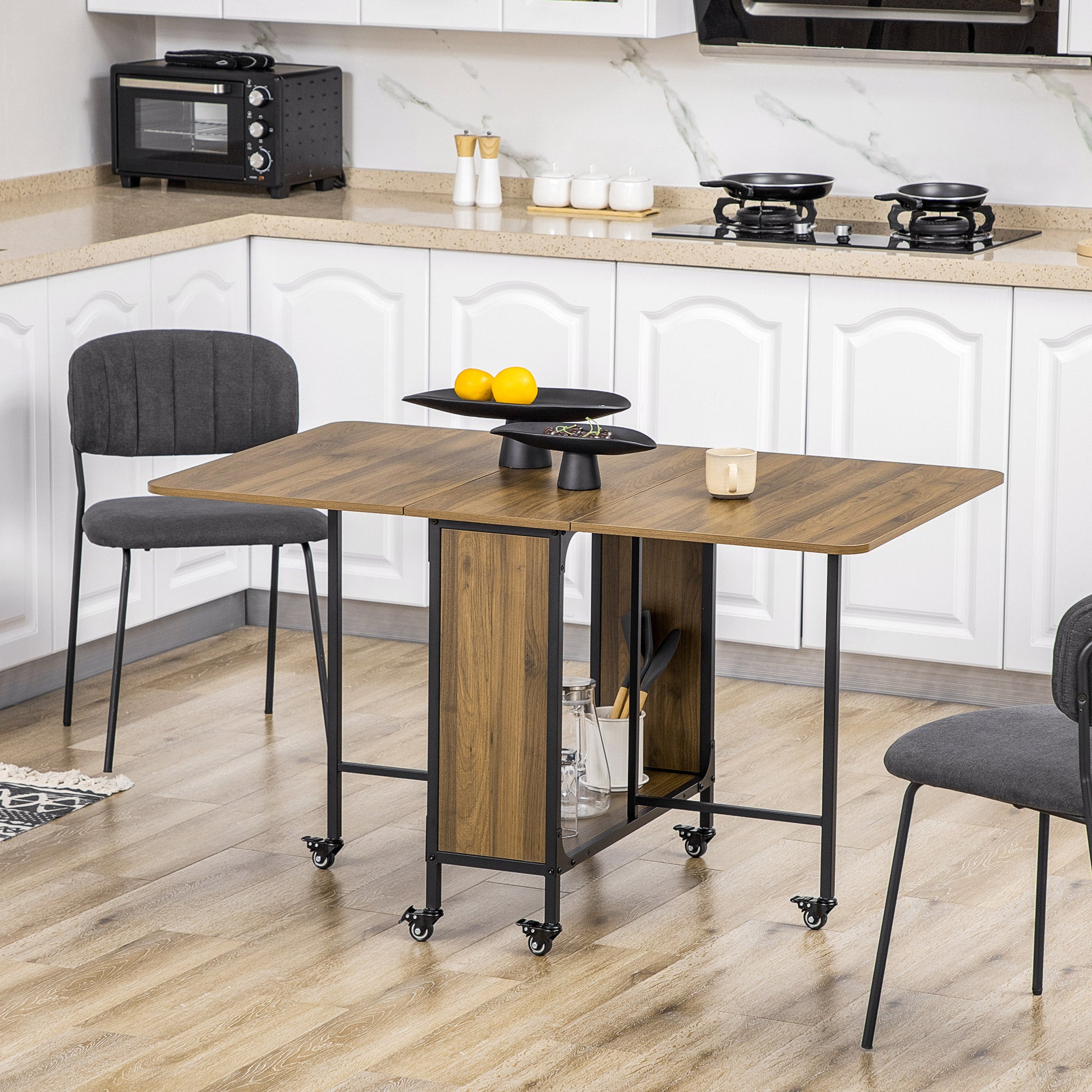 Folding Dining Table Mobile Folding Table with Open Shelf Dining Table Kitchen Table for Small Spaces, Kitchen, Dining Room 130 x 80 x 74 cm Brown