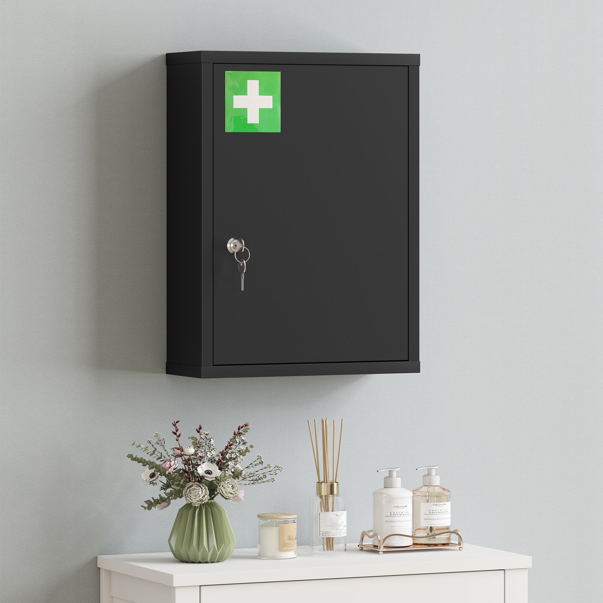 Medicine Cabinet, Pharmacy Cabinet with 3 Compartments, Lockable First Aid Cabinet with 2 Keys, Steel, Black, 15.7 x 5.9 x 21.1 in (40 x 15 x 53.5 cm)