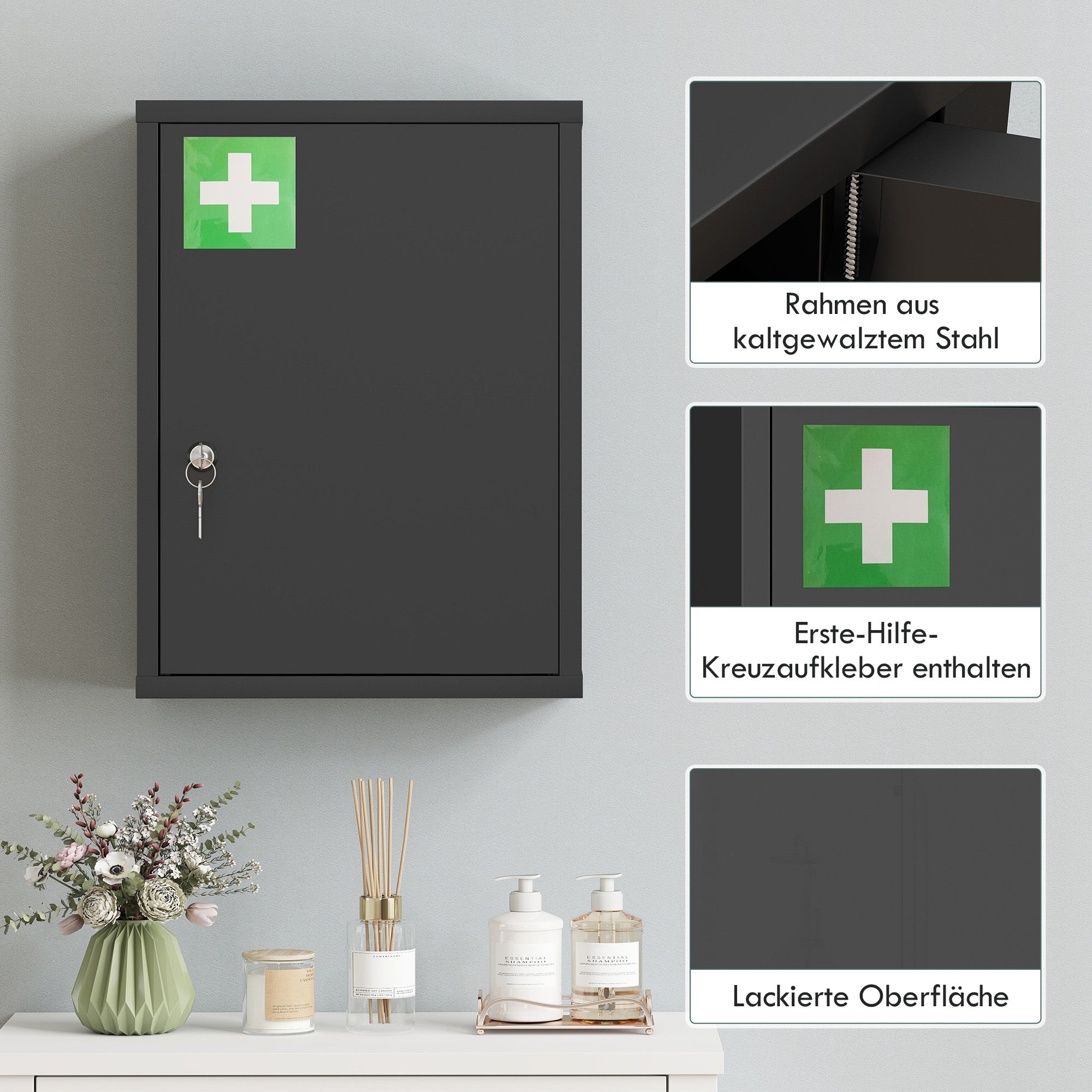 Medicine Cabinet, Pharmacy Cabinet with 3 Compartments, Lockable First Aid Cabinet with 2 Keys, Steel, Black, 15.7 x 5.9 x 21.1 in (40 x 15 x 53.5 cm)
